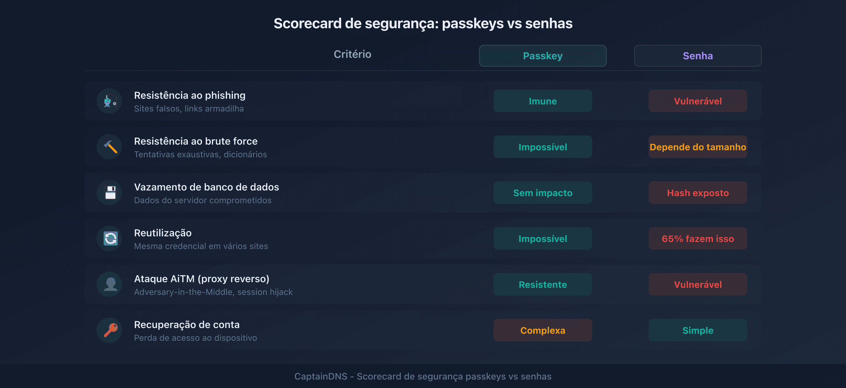 Scorecard de segurança: passkeys vs senhas em 6 critérios