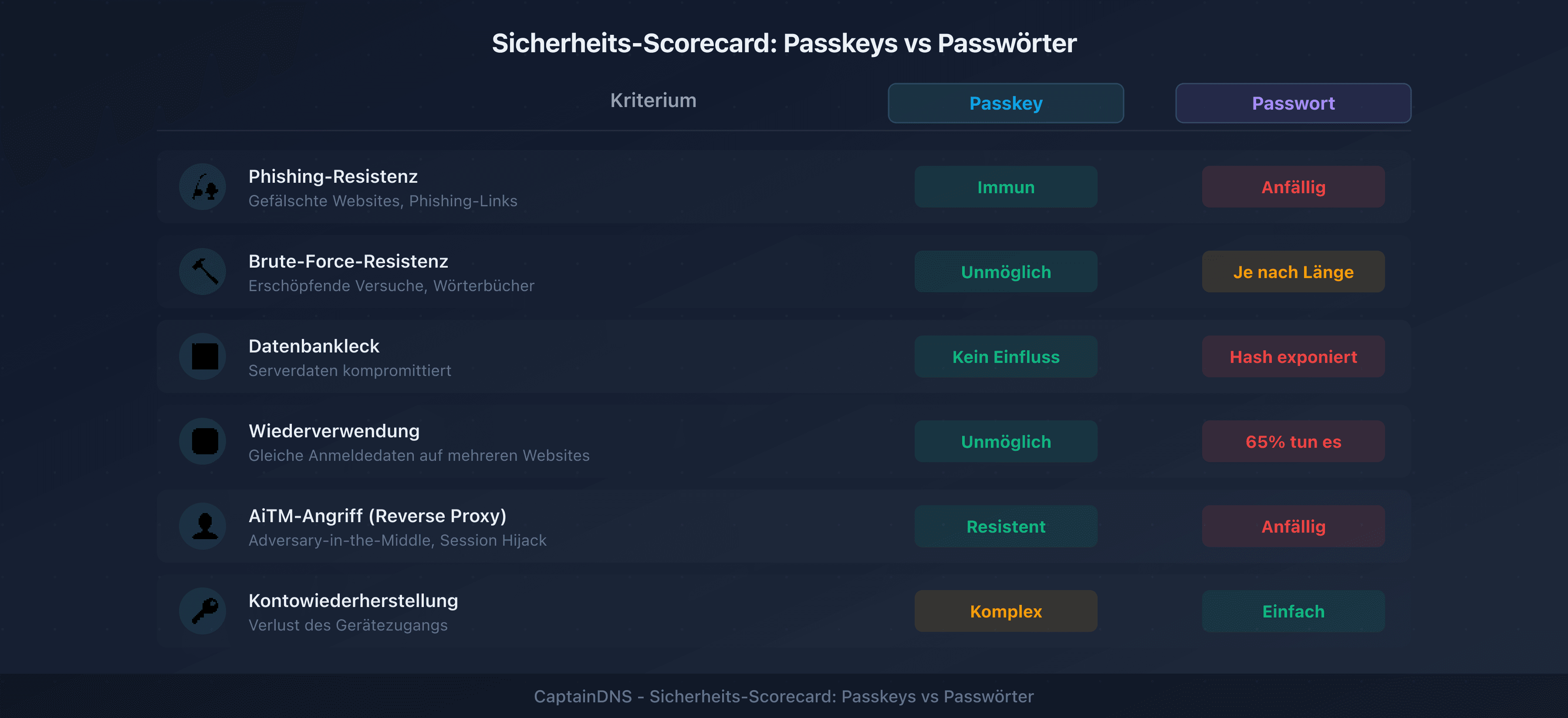 Sicherheits-Scorecard: Passkeys vs Passwörter in 6 Kategorien