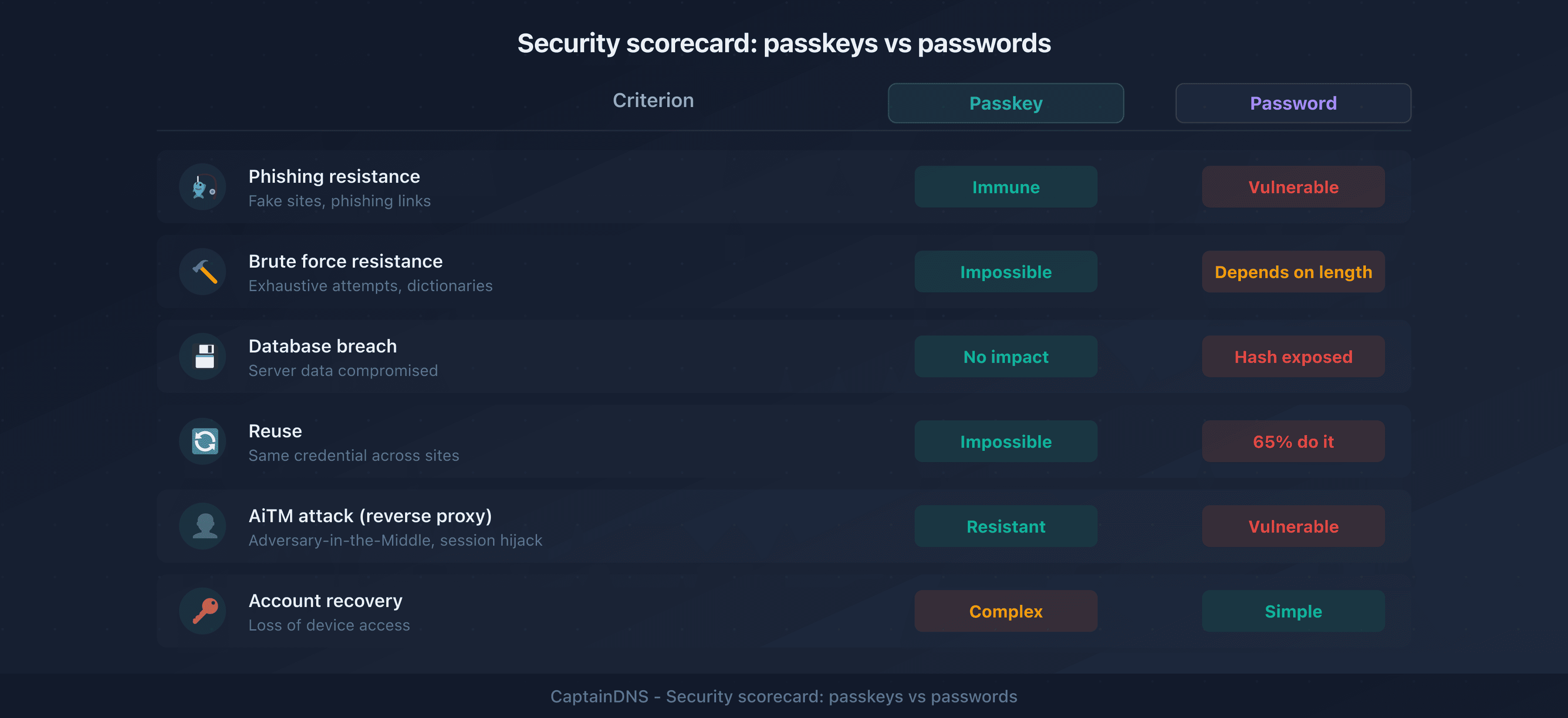 Security scorecard: passkeys vs passwords across 6 criteria