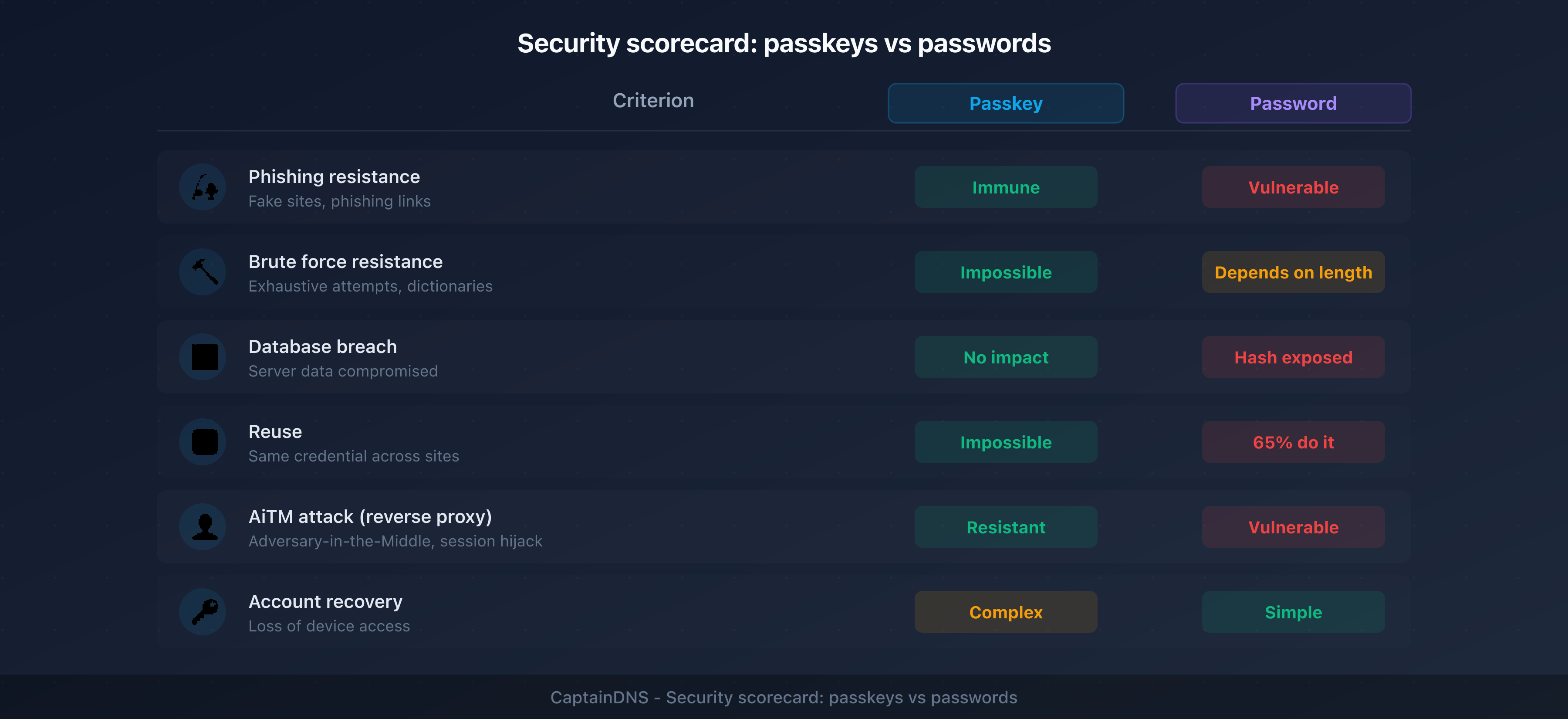 Security scorecard: passkeys vs passwords across 6 criteria