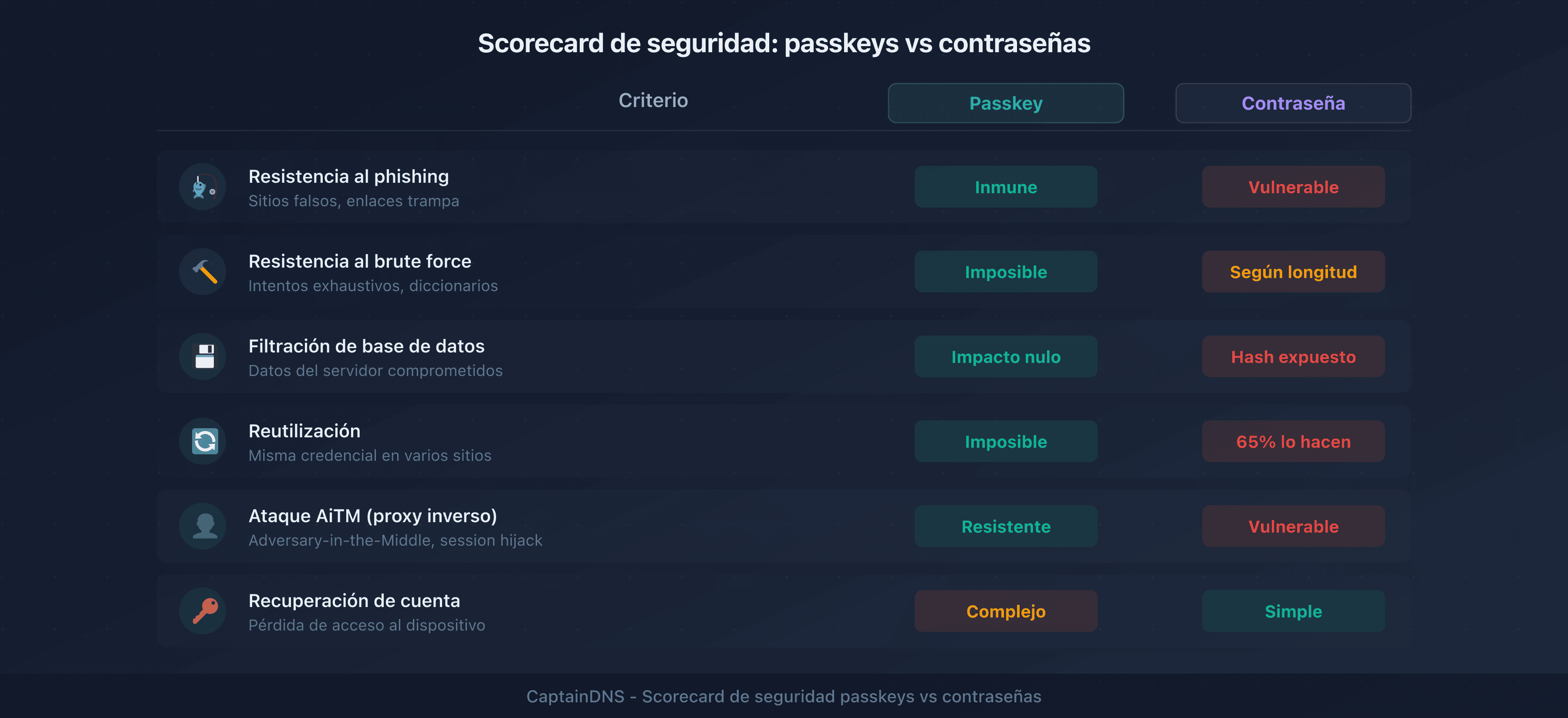 Scorecard de seguridad: passkeys vs contraseñas en 6 criterios