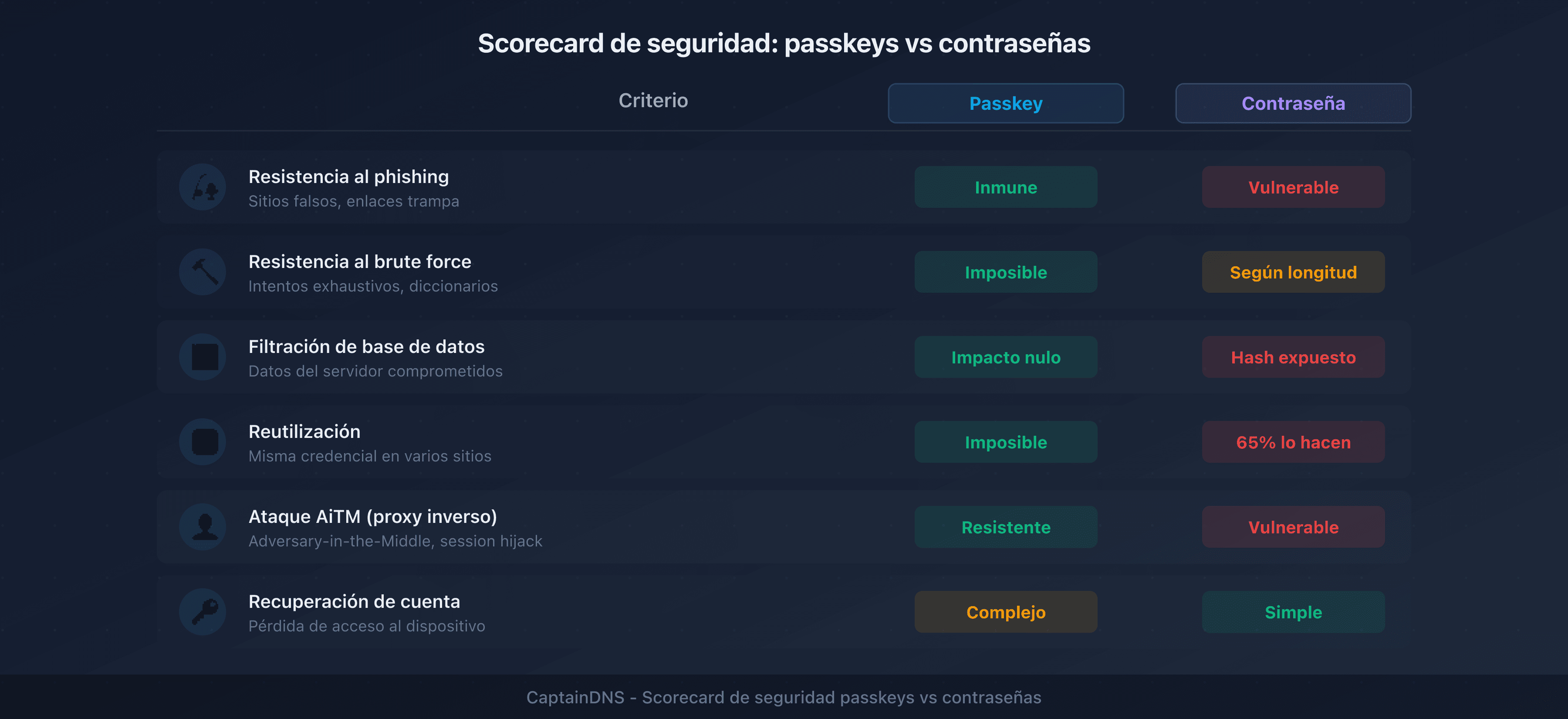 Scorecard de seguridad: passkeys vs contraseñas en 6 criterios