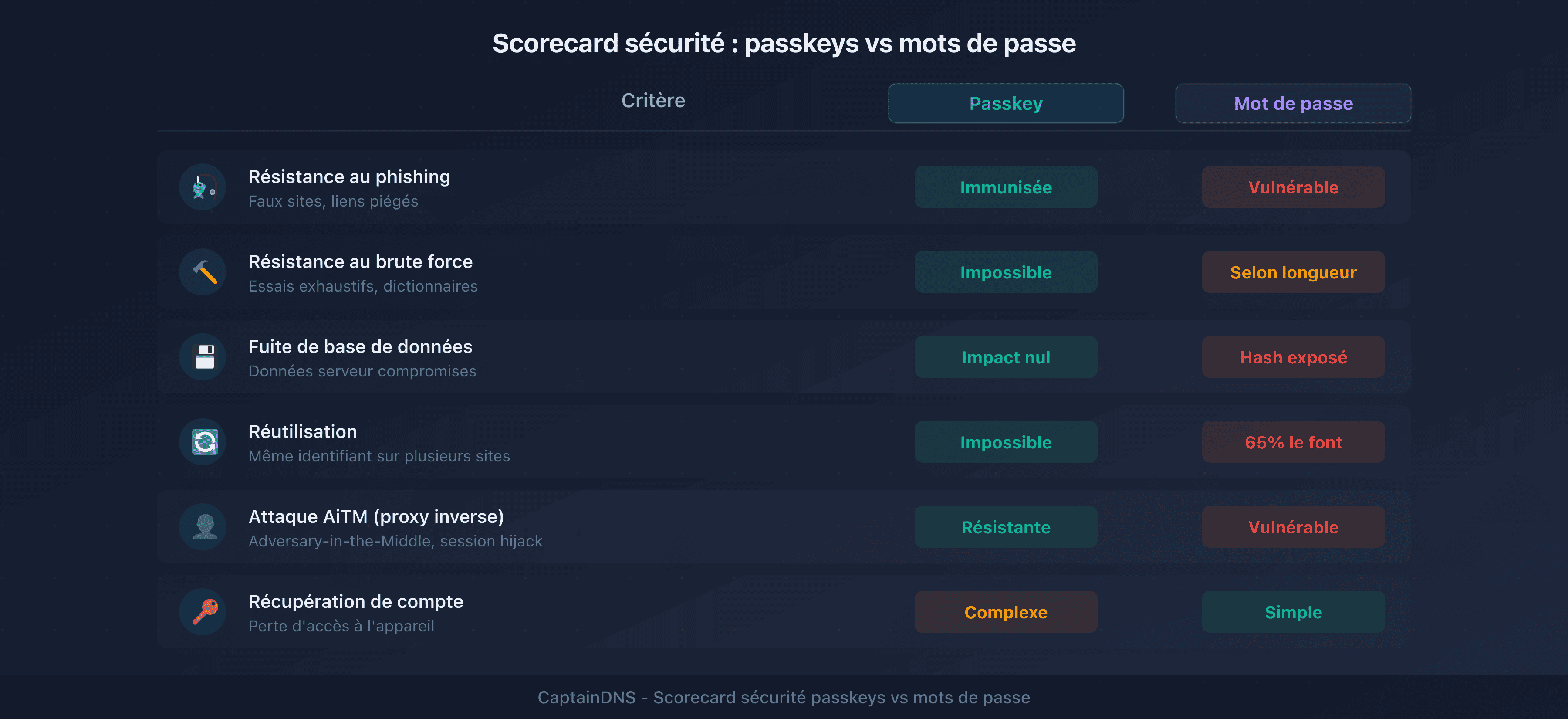 Scorecard sécurité : passkeys vs mots de passe sur 6 critères