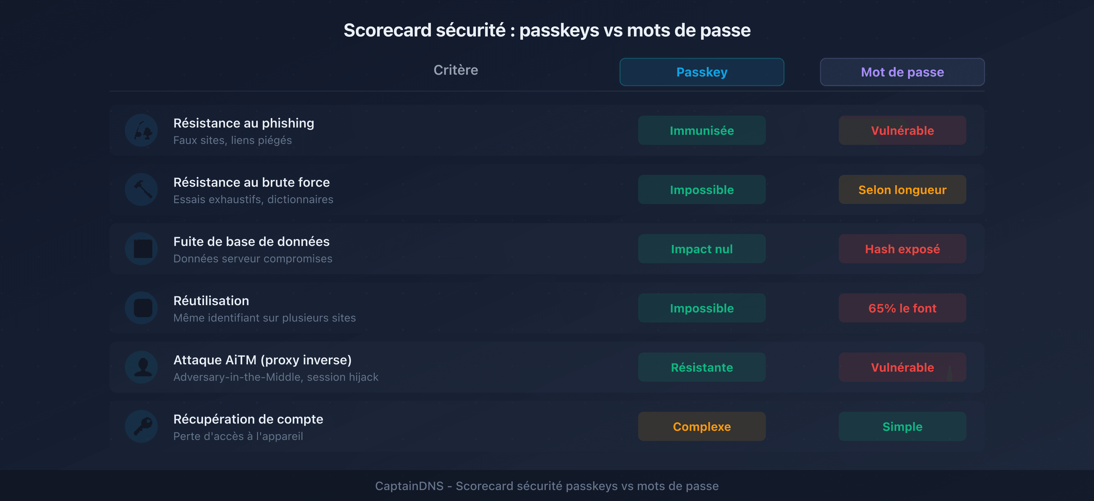 Scorecard sécurité : passkeys vs mots de passe sur 6 critères