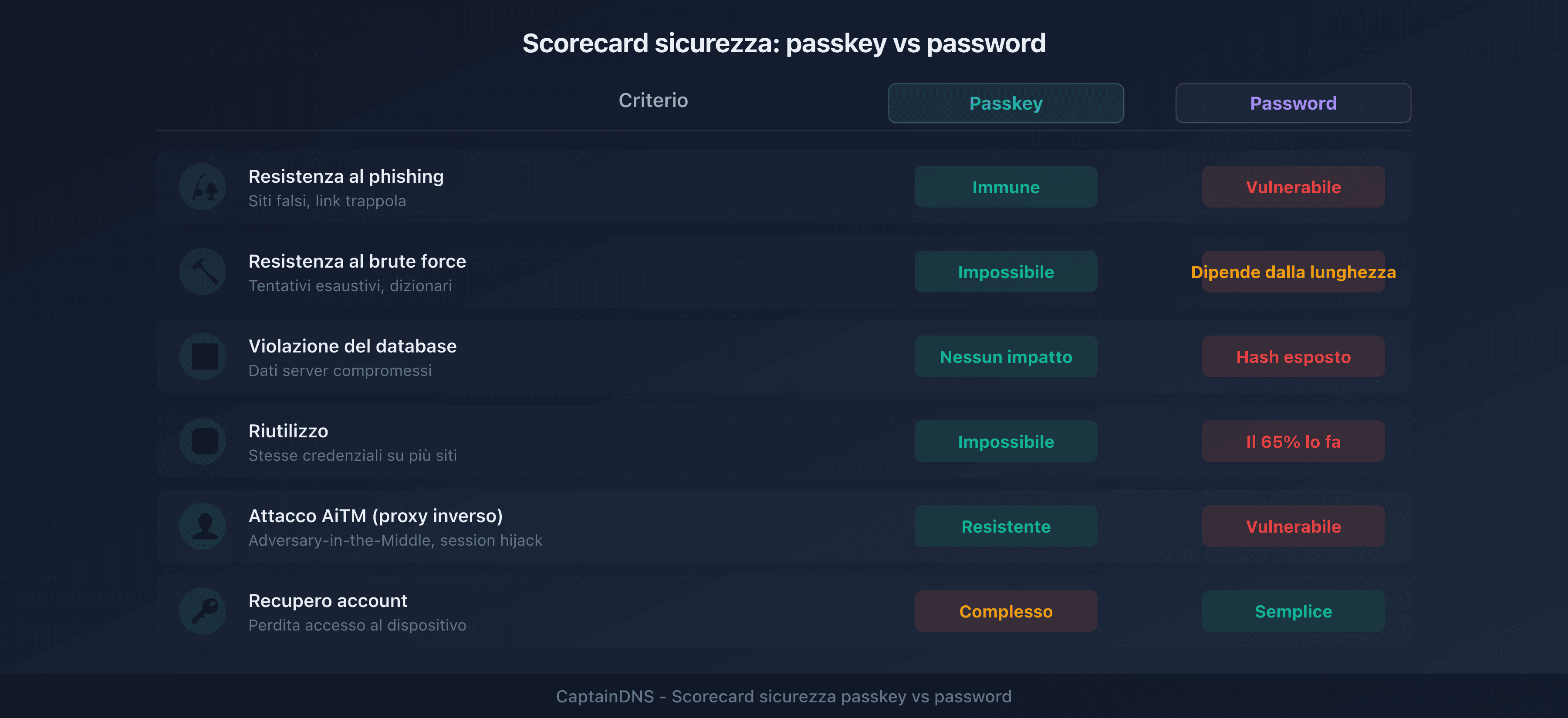 Scorecard sicurezza: passkey vs password su 6 criteri