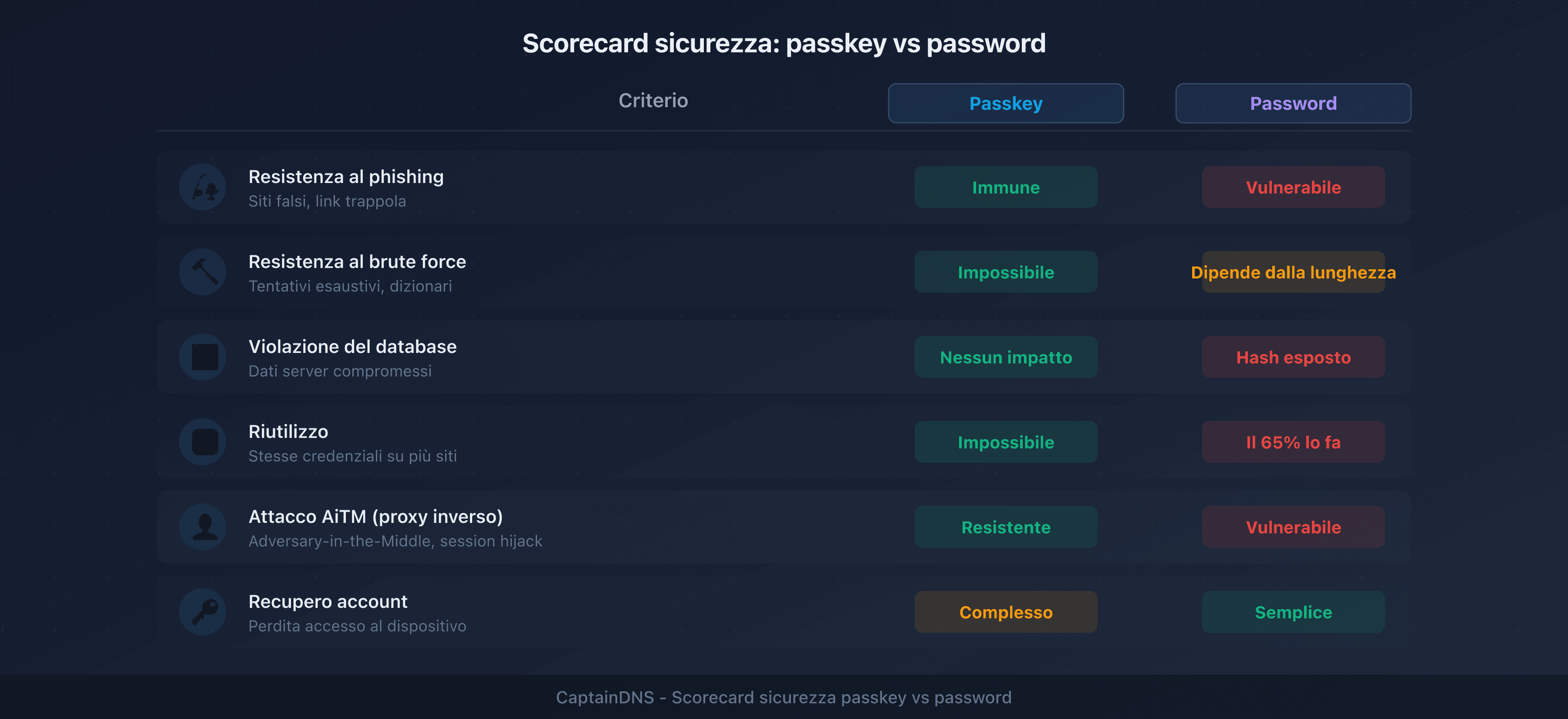 Scorecard sicurezza: passkey vs password su 6 criteri