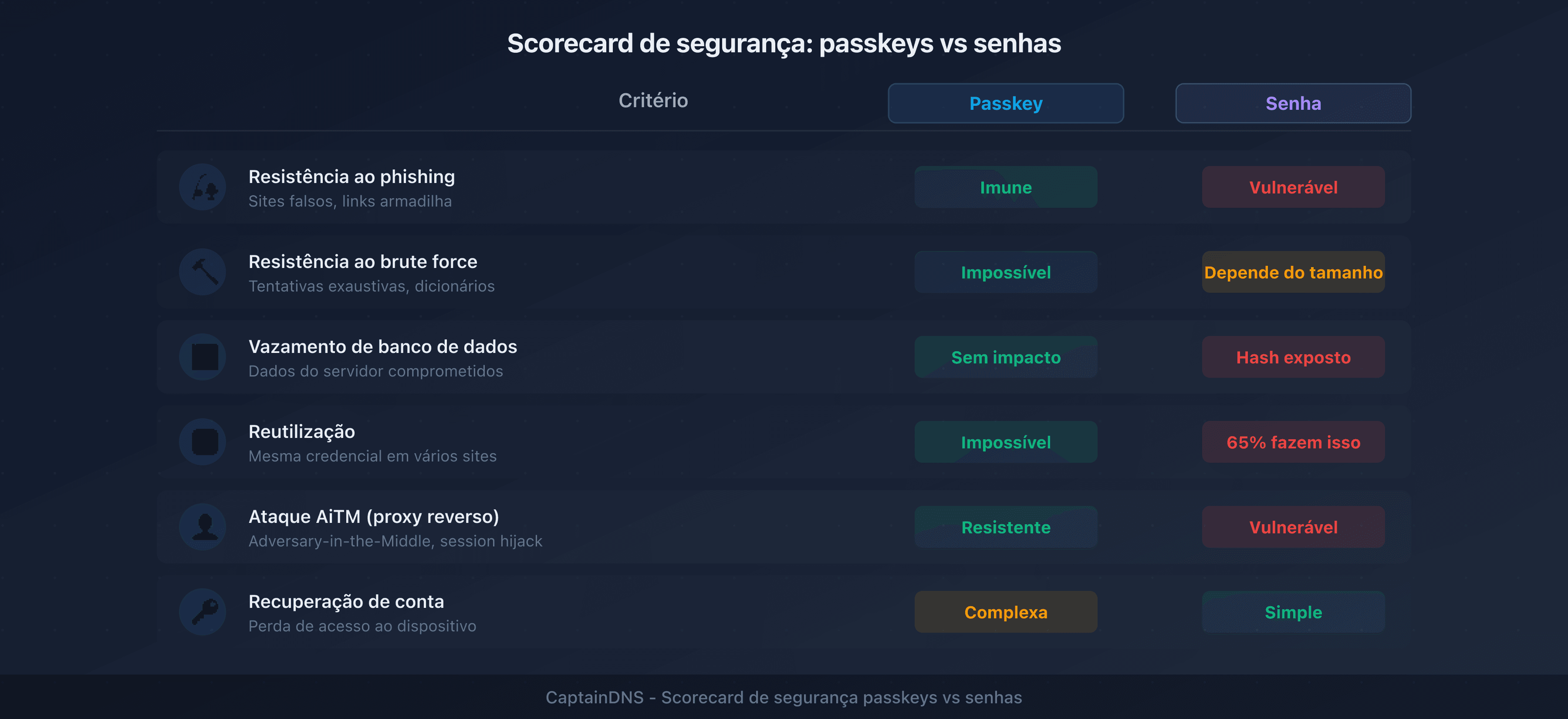 Scorecard de segurança: passkeys vs senhas em 6 critérios