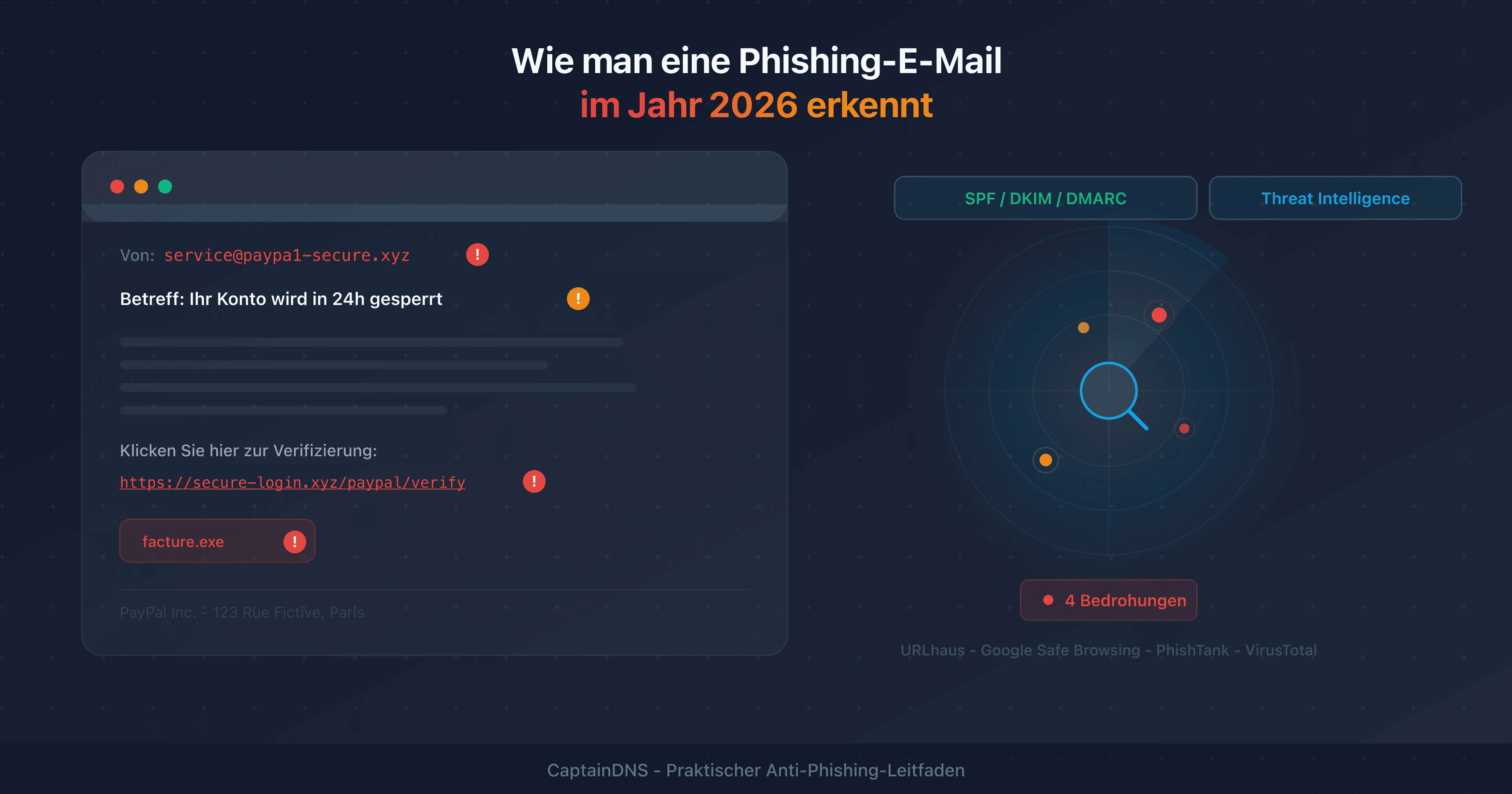 Anatomie einer Phishing-E-Mail mit annotierten Warnsignalen