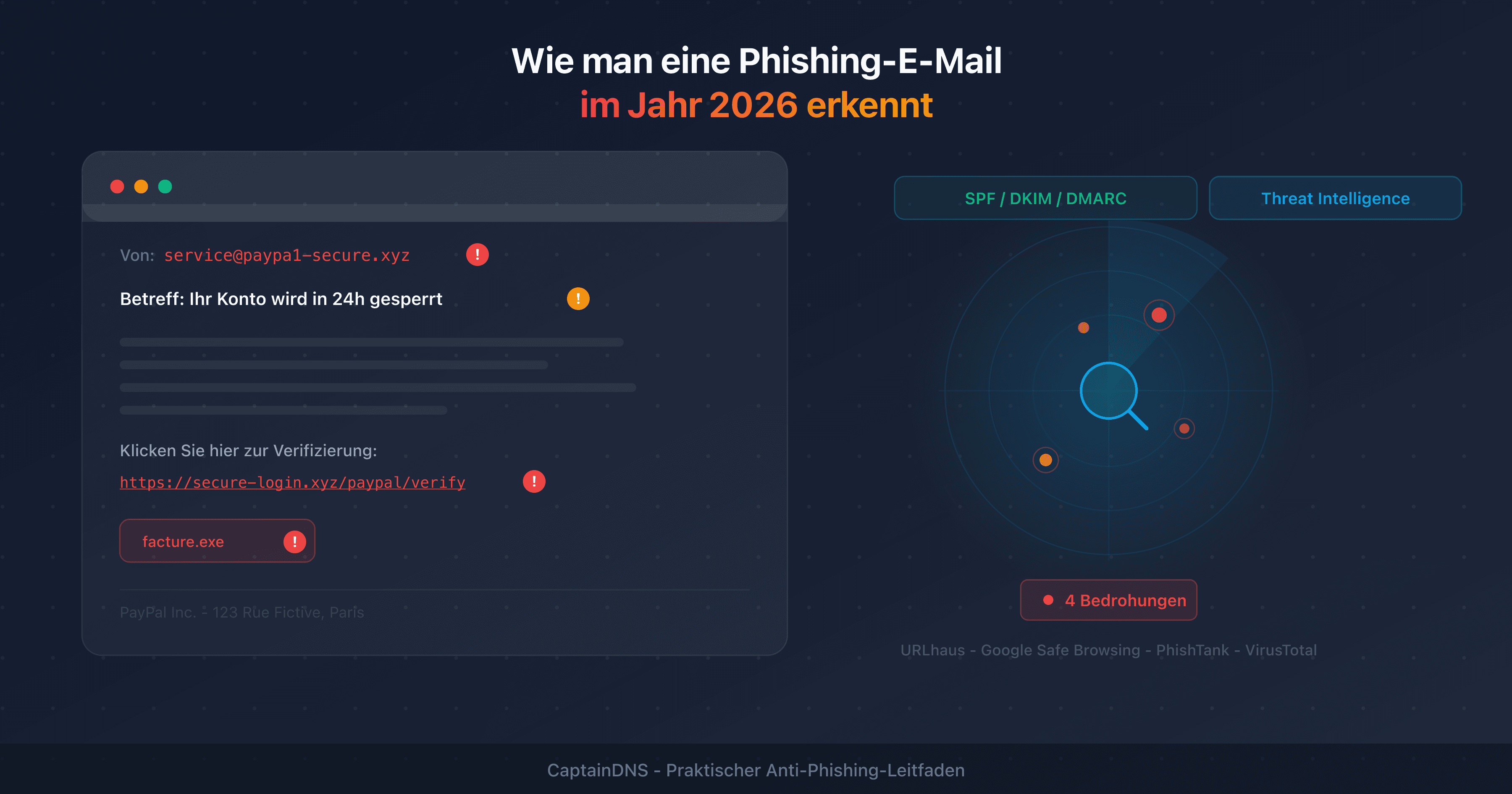 Anatomie einer Phishing-E-Mail mit annotierten Warnsignalen