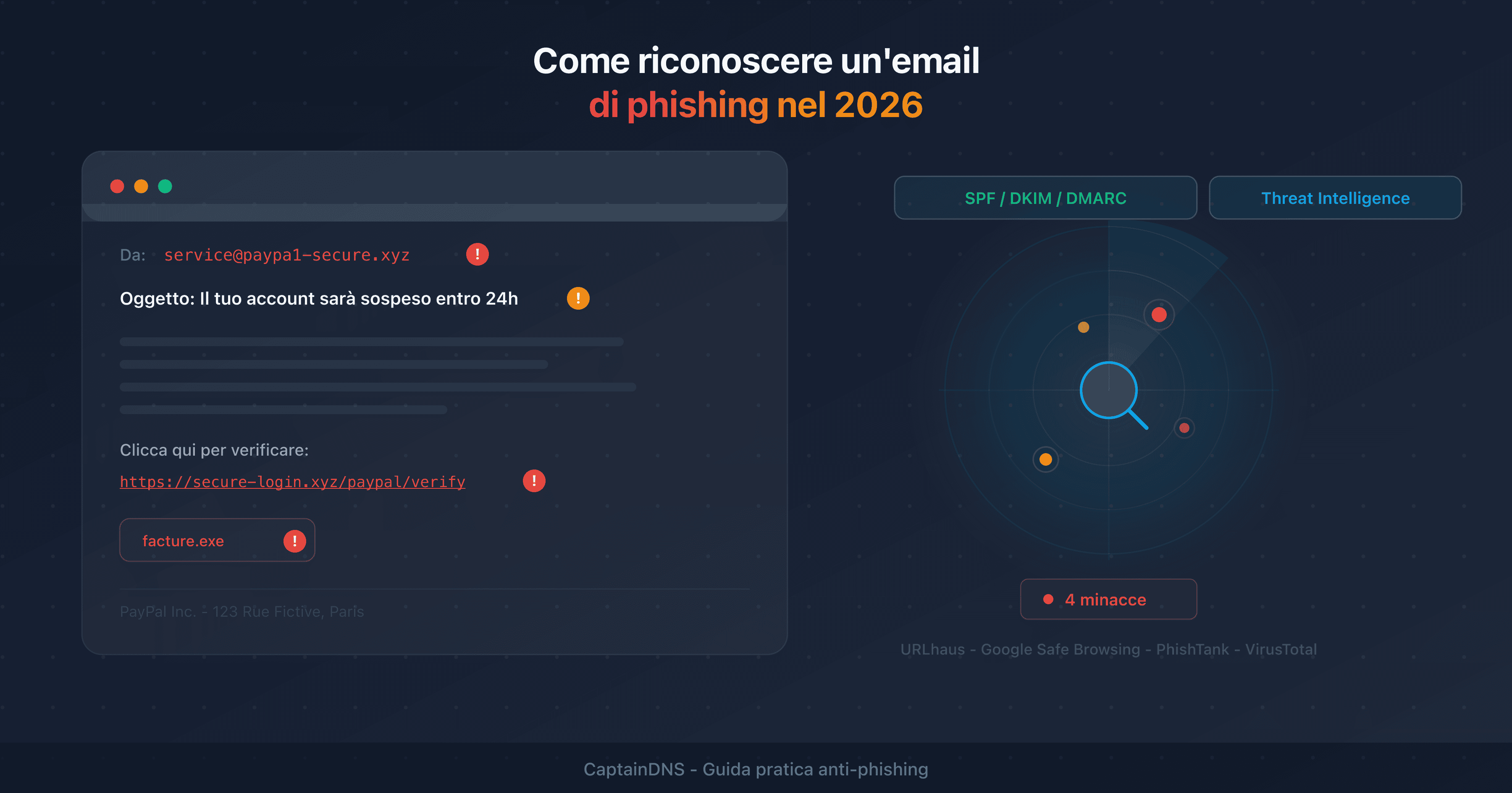 Anatomia di un'email di phishing con i segnali d'allarme annotati