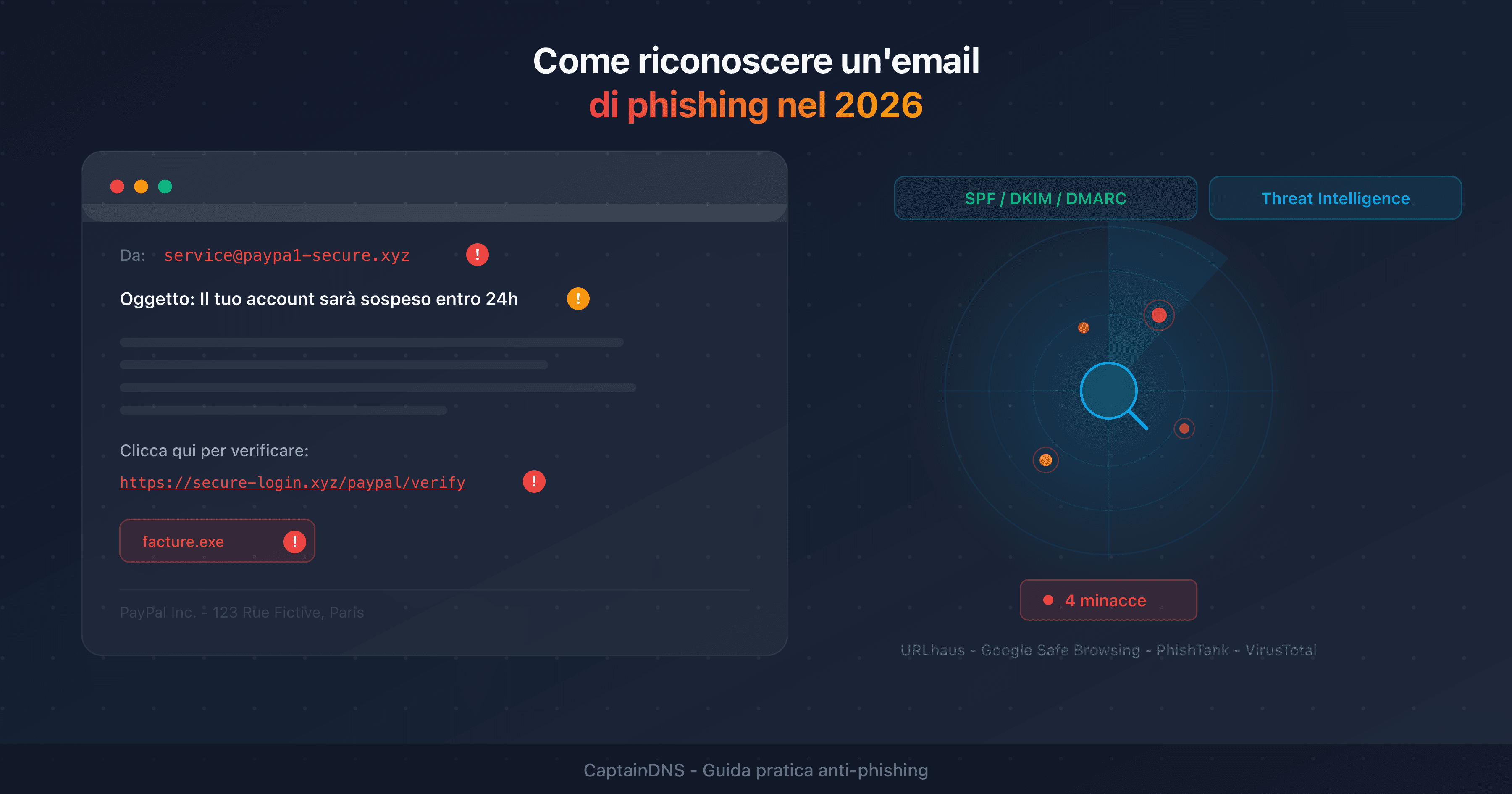 Anatomia di un'email di phishing con i segnali d'allarme annotati
