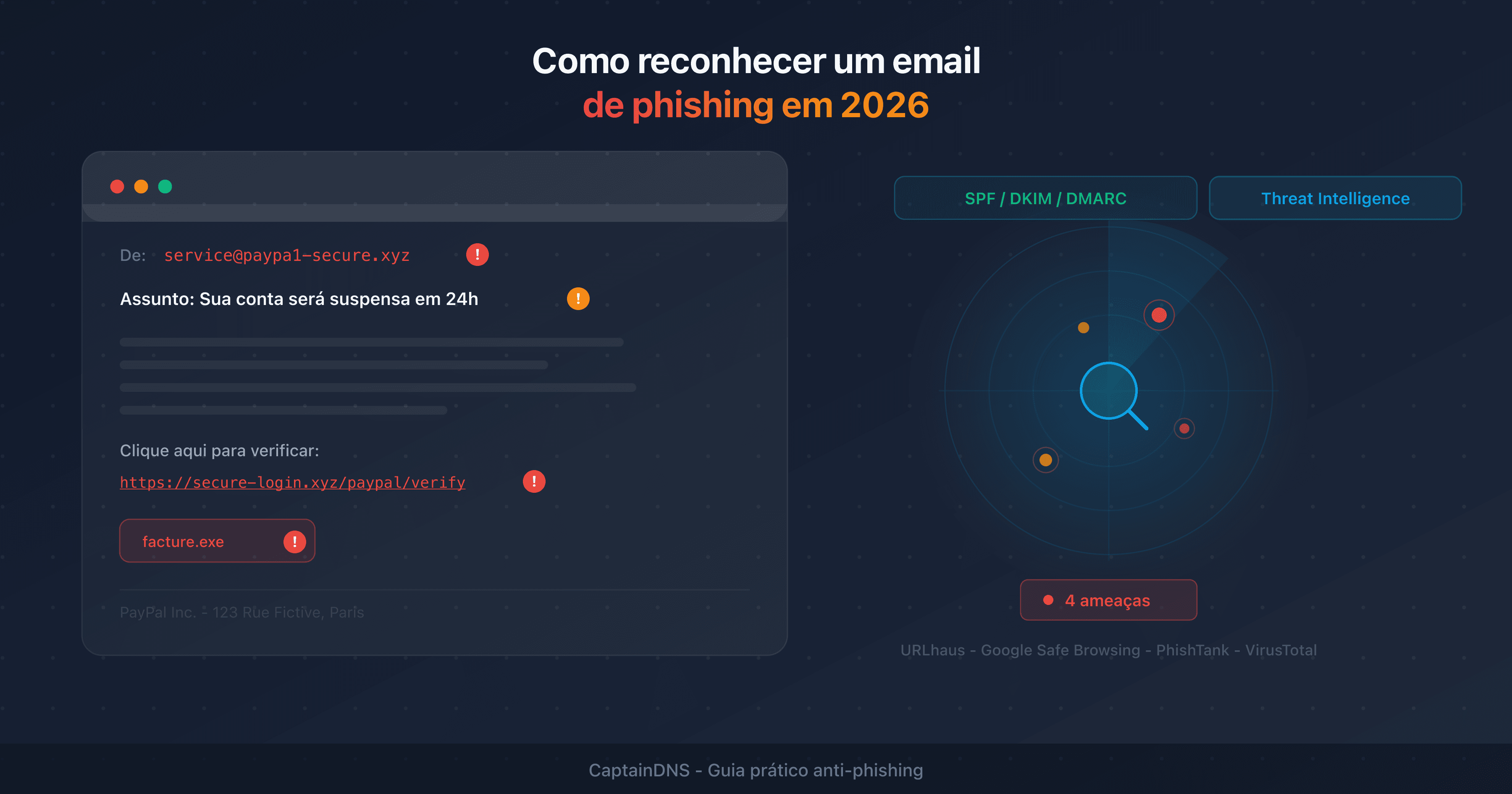 Anatomia de um e-mail de phishing com os sinais de alerta anotados