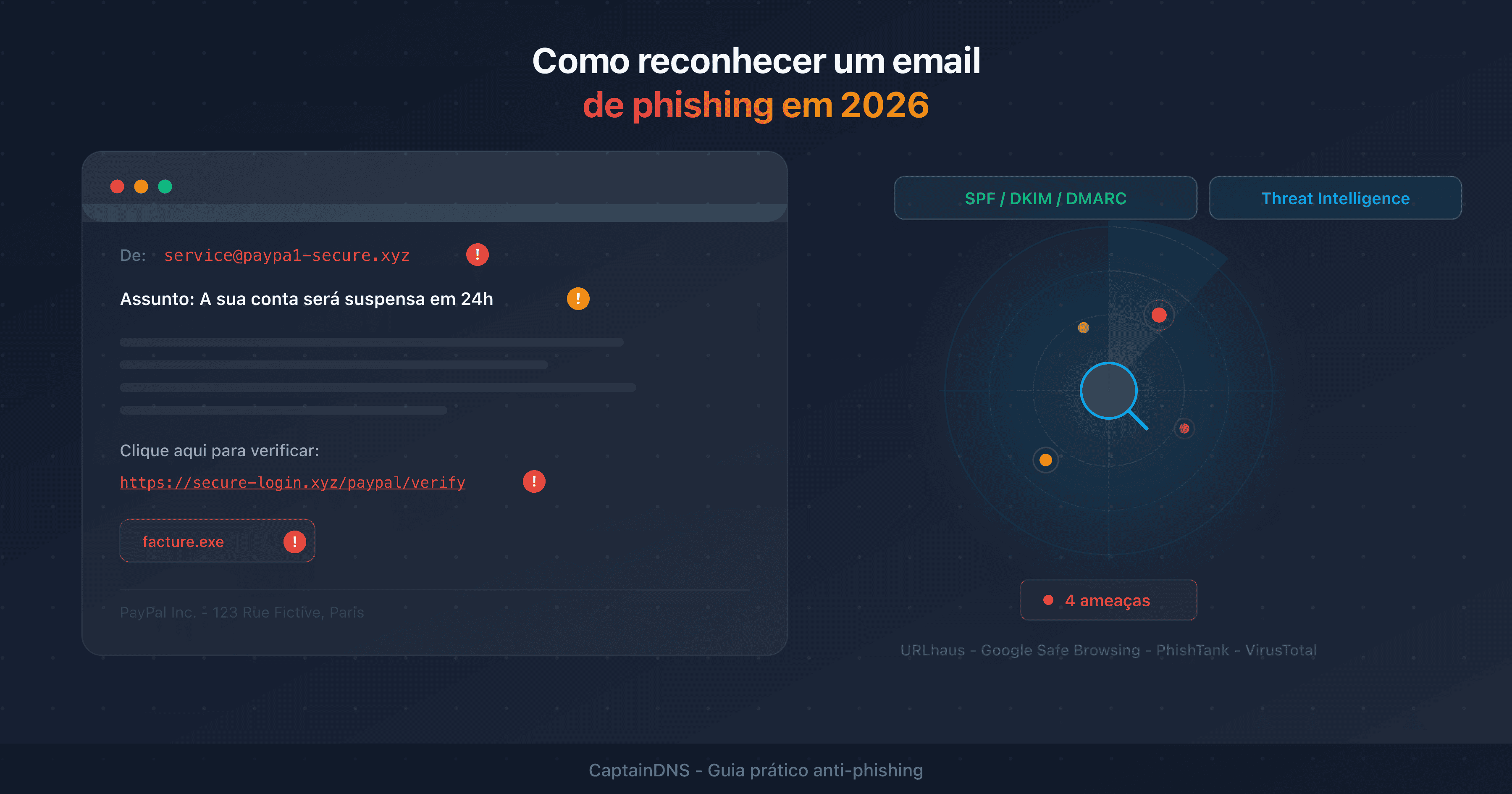 Anatomia de um e-mail de phishing com os sinais de alerta anotados