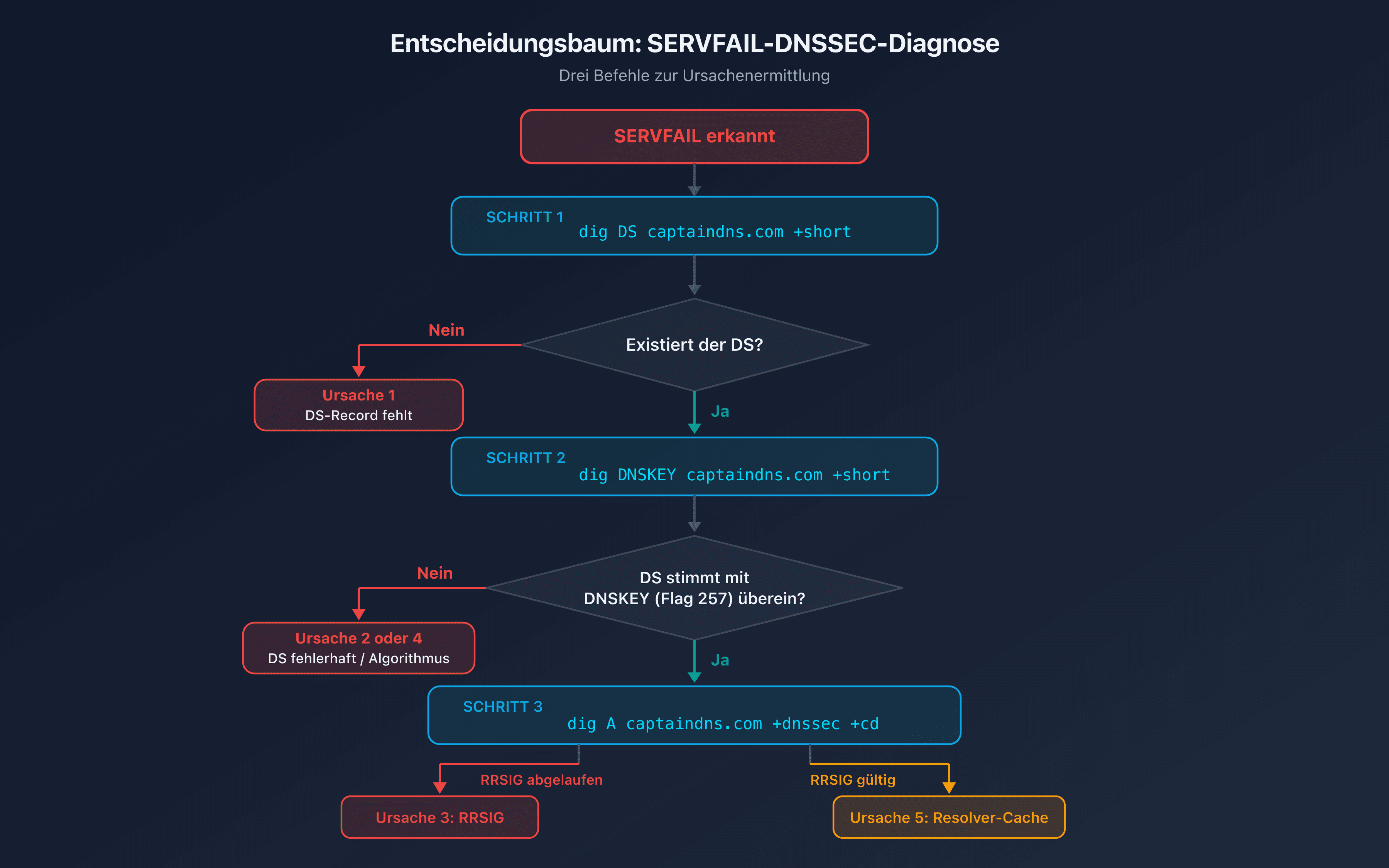 SERVFAIL-DNSSEC-Entscheidungsbaum: Ursache mit drei dig-Befehlen identifizieren