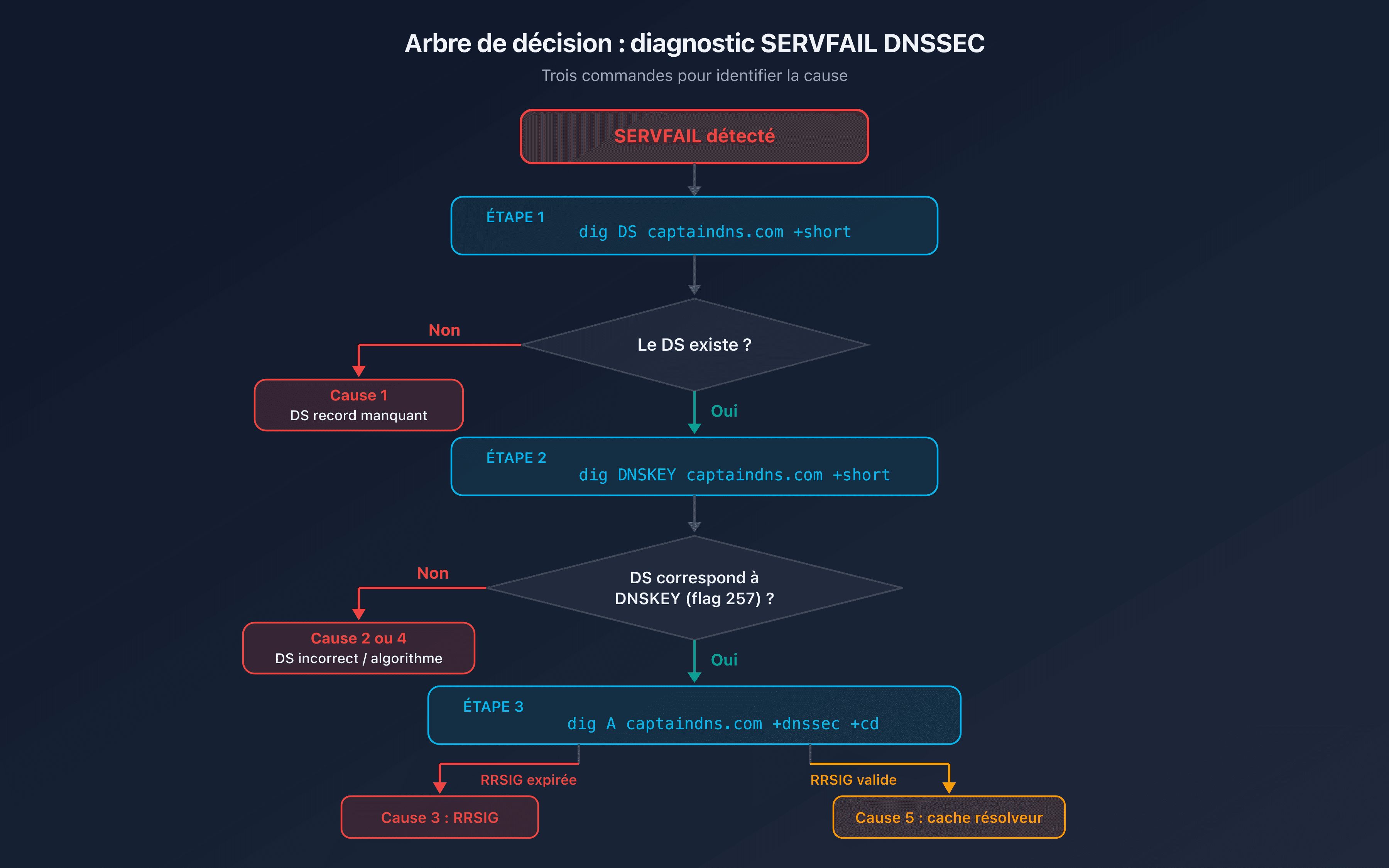 Arbre de décision SERVFAIL DNSSEC : identifier la cause en trois commandes dig