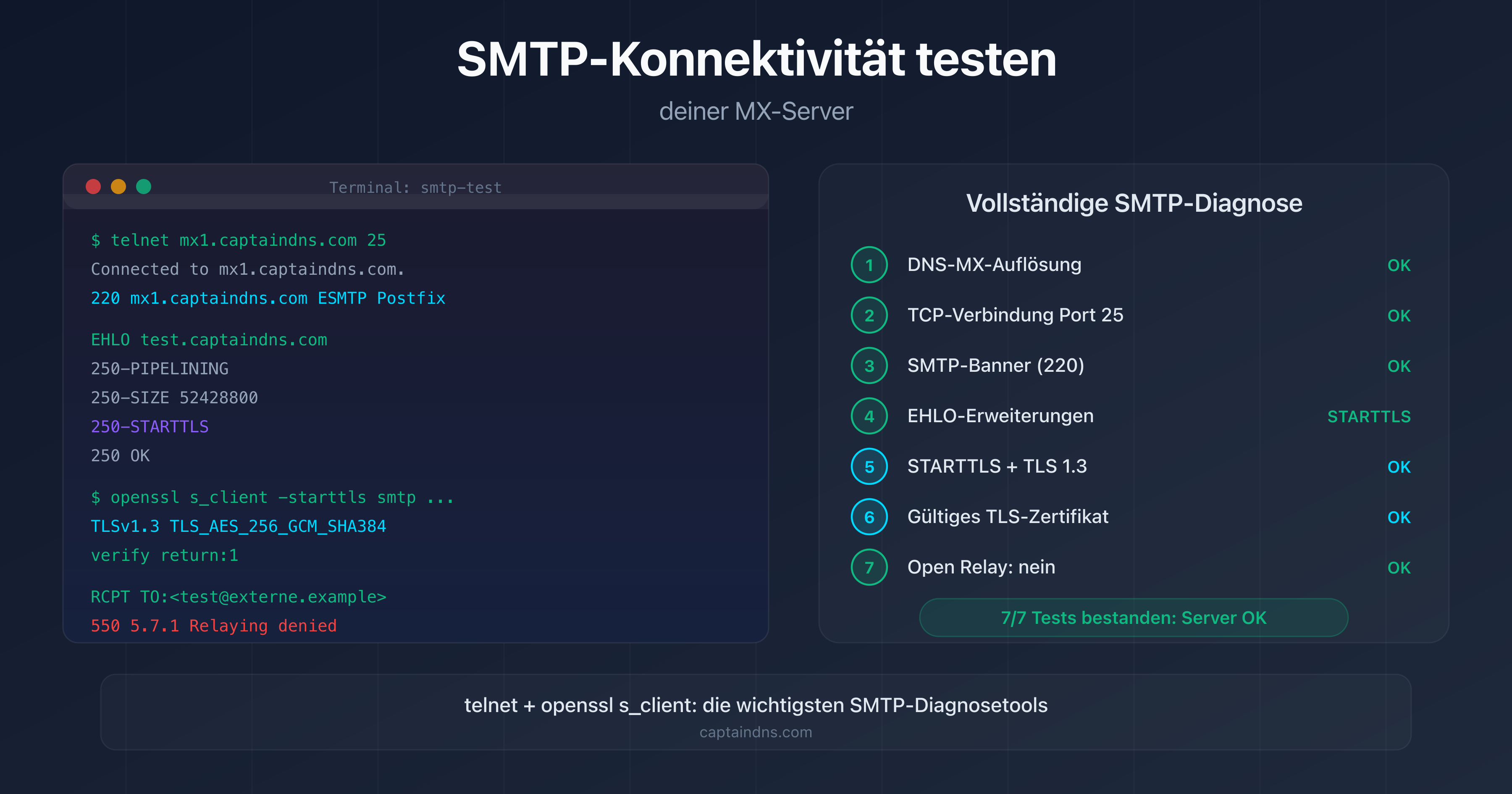 SMTP-Konnektivitätstest eines MX-Servers: Banner, STARTTLS, TLS-Zertifikat und Open Relay