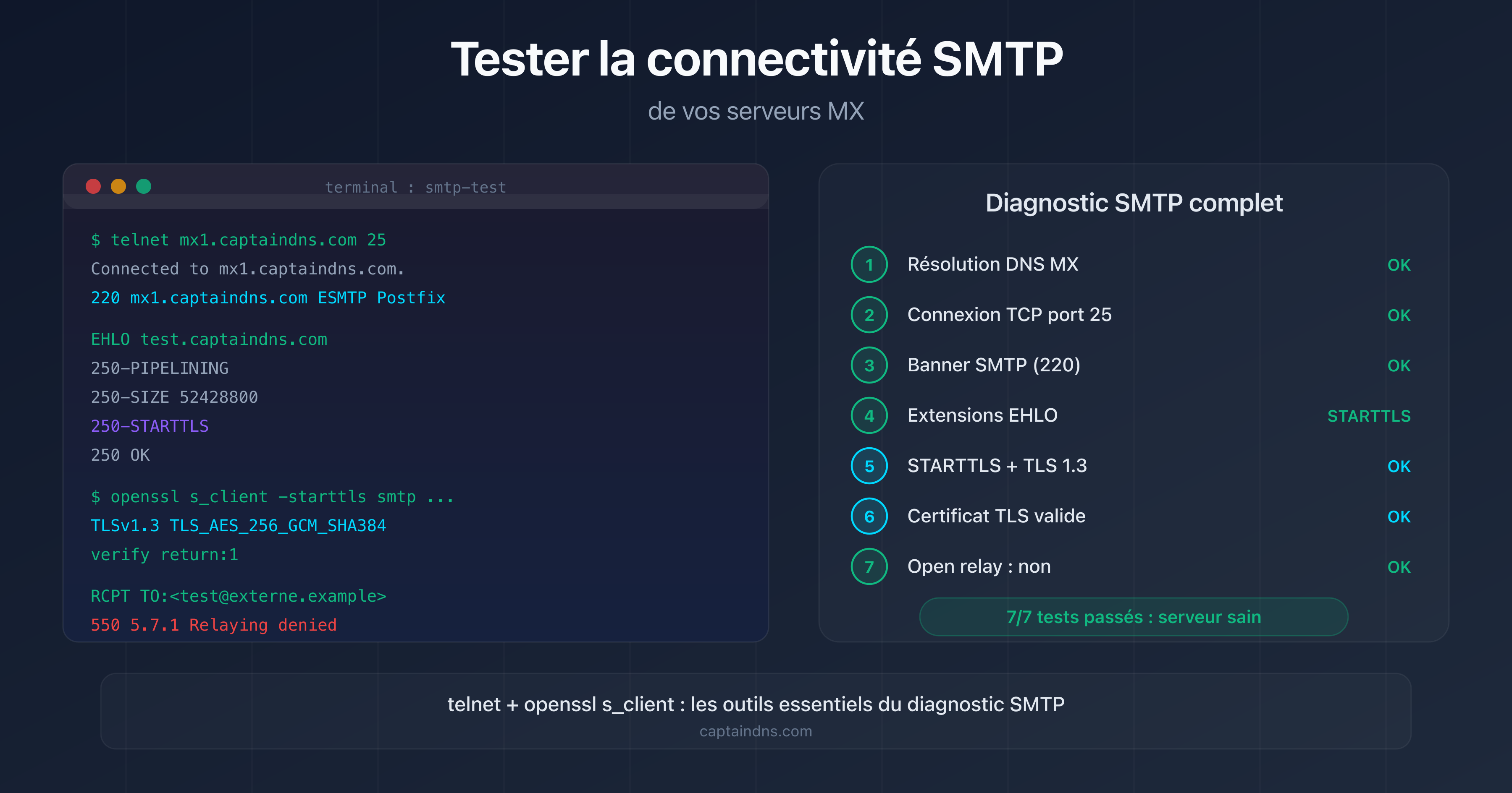 Test de connectivité SMTP d'un serveur MX : banner, STARTTLS, certificat TLS et open relay