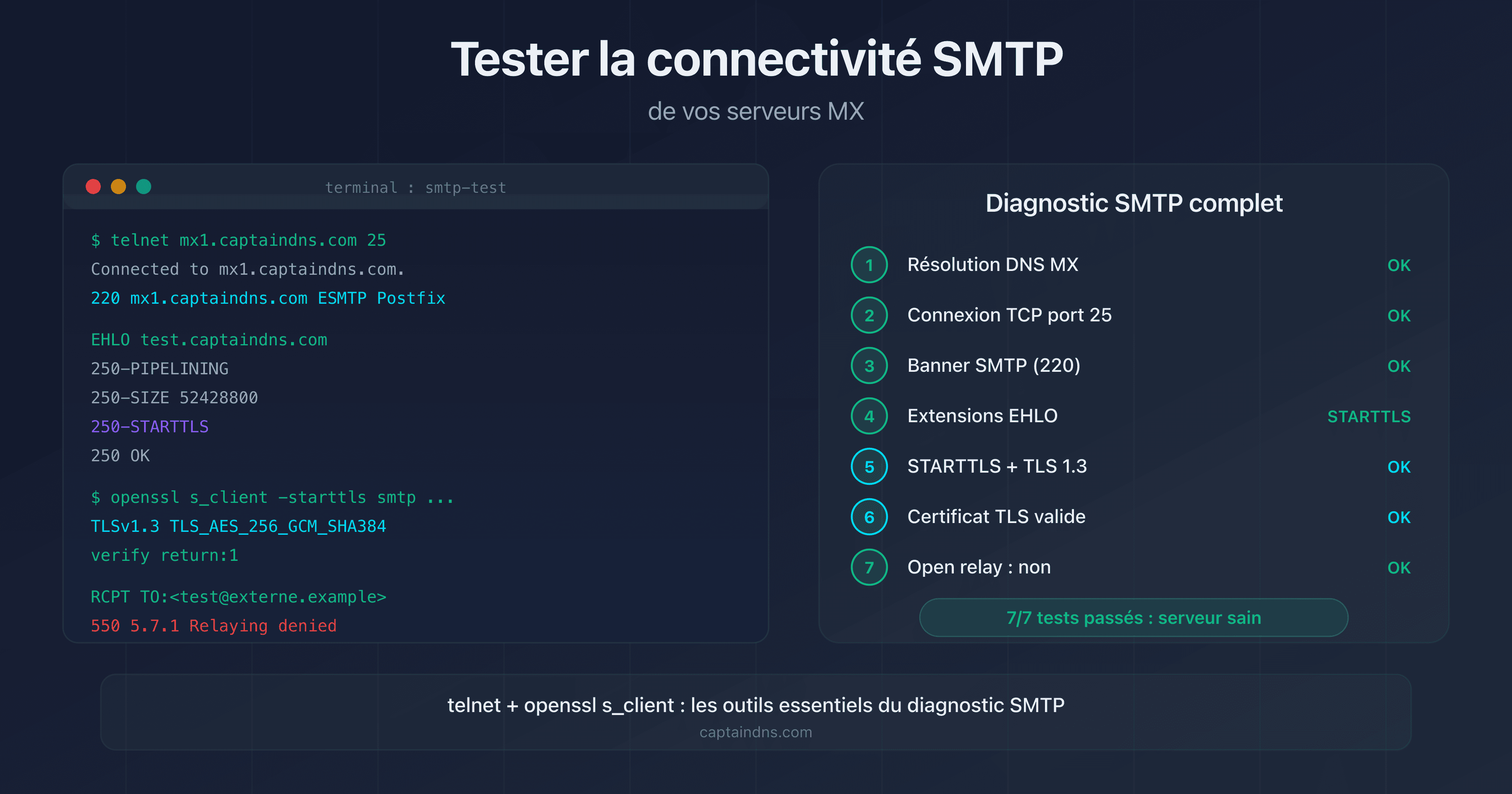 Test de connectivité SMTP d'un serveur MX : banner, STARTTLS, certificat TLS et open relay