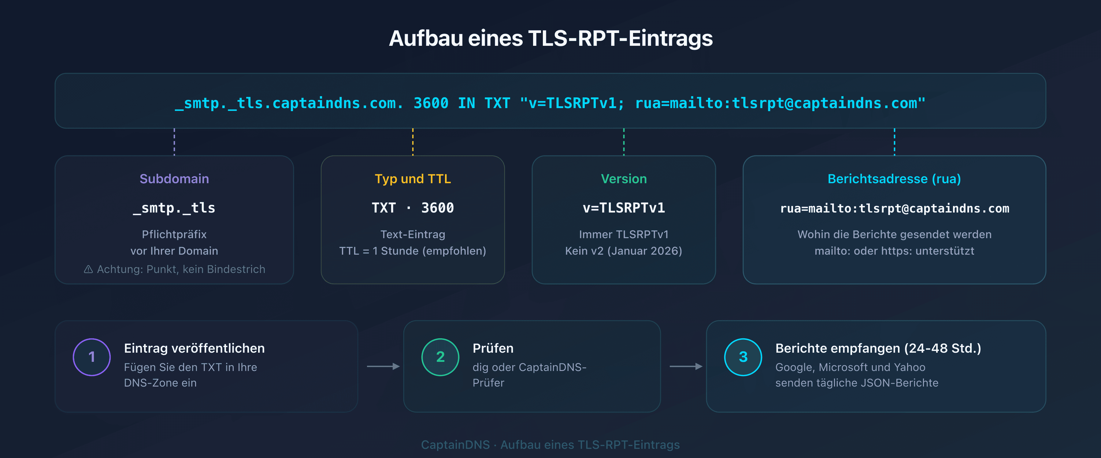 Aufbau eines DNS-TLS-RPT-Eintrags: Host _smtp._tls, Typ TXT, Wert v=TLSRPTv1 und rua-Direktive
