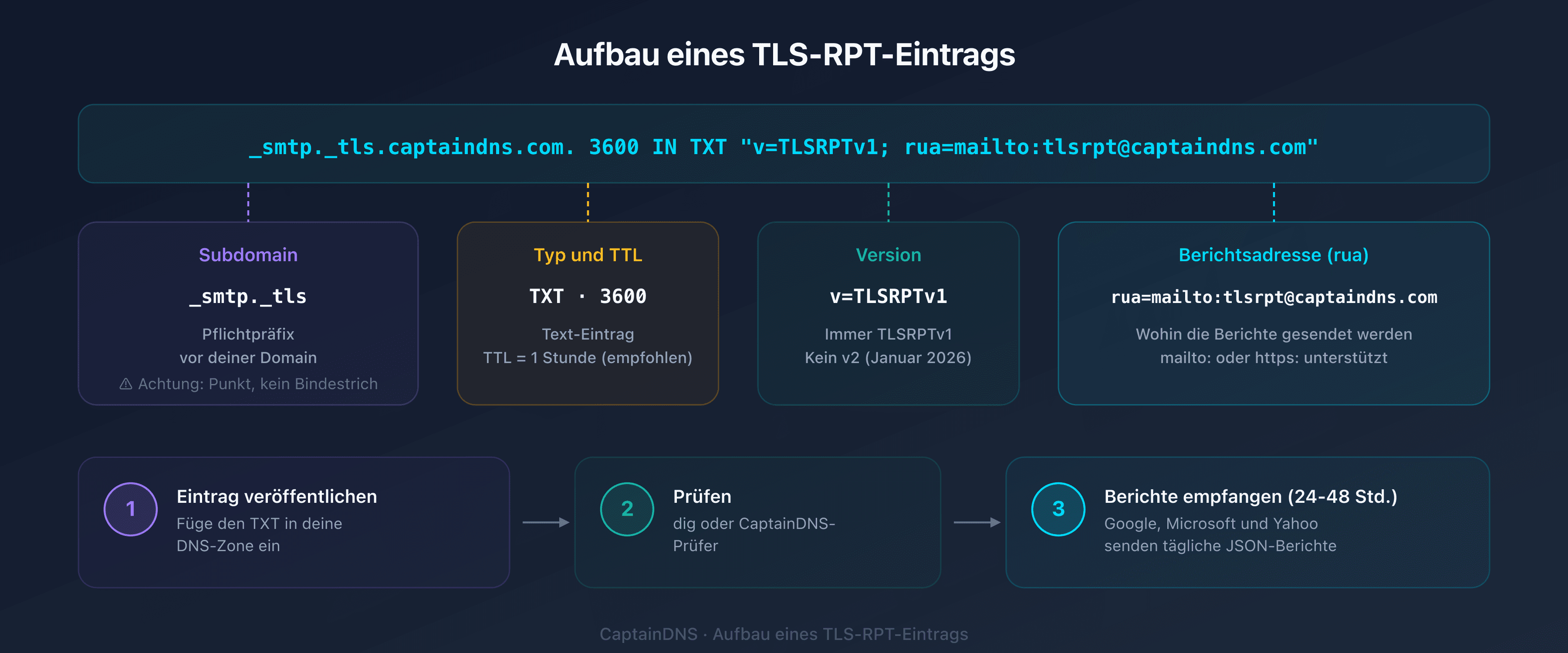 Aufbau eines DNS-TLS-RPT-Eintrags: Host _smtp._tls, Typ TXT, Wert v=TLSRPTv1 und rua-Direktive