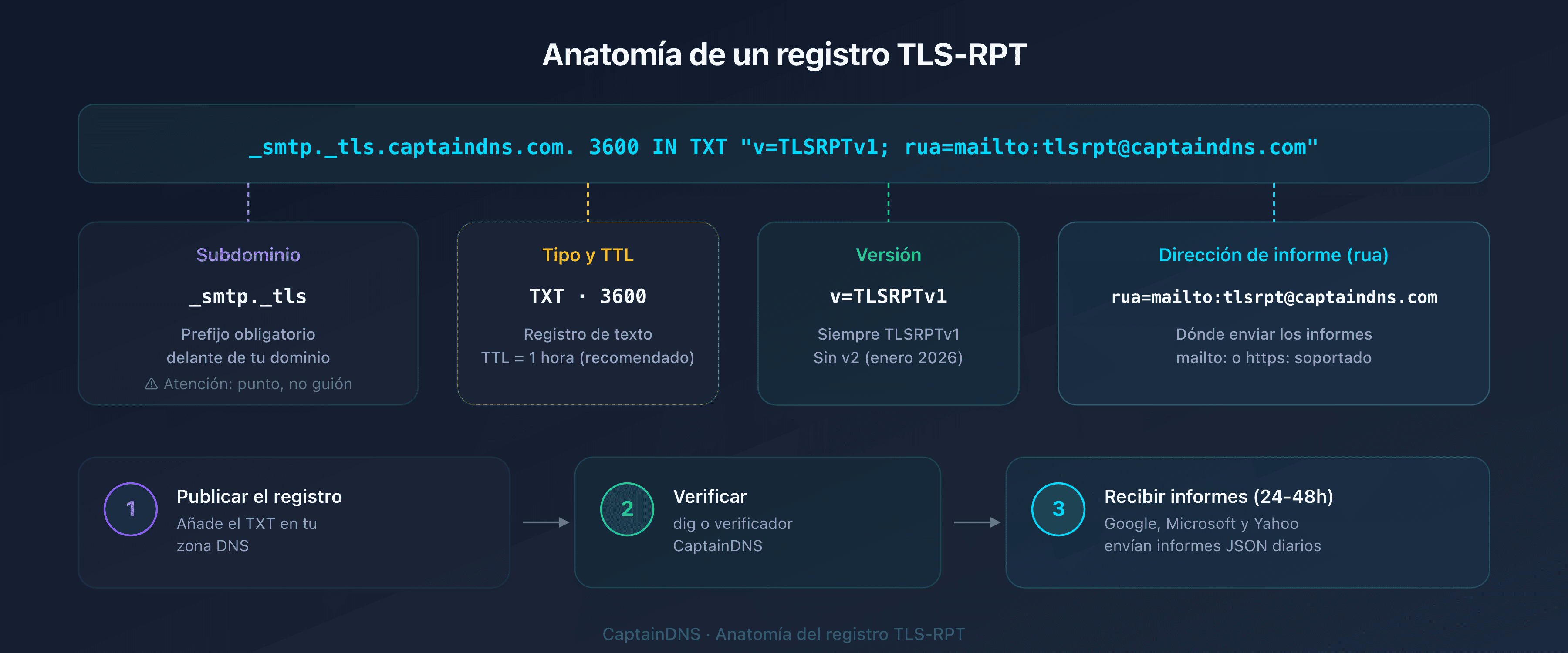 Anatomía de un registro DNS TLS-RPT: host _smtp._tls, tipo TXT, valor v=TLSRPTv1 y directiva rua