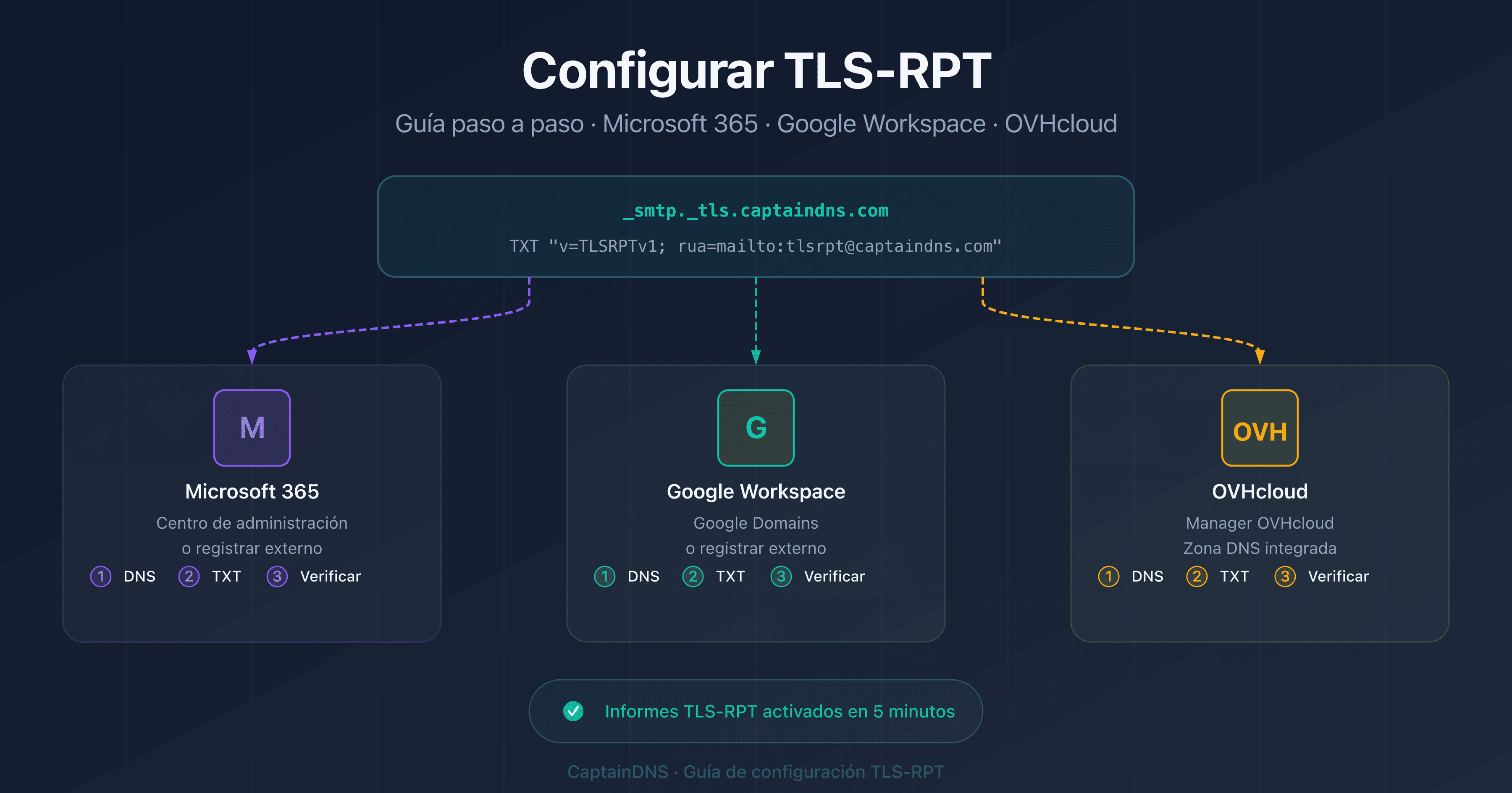 Configurar TLS-RPT en Microsoft 365, Google Workspace y OVHcloud