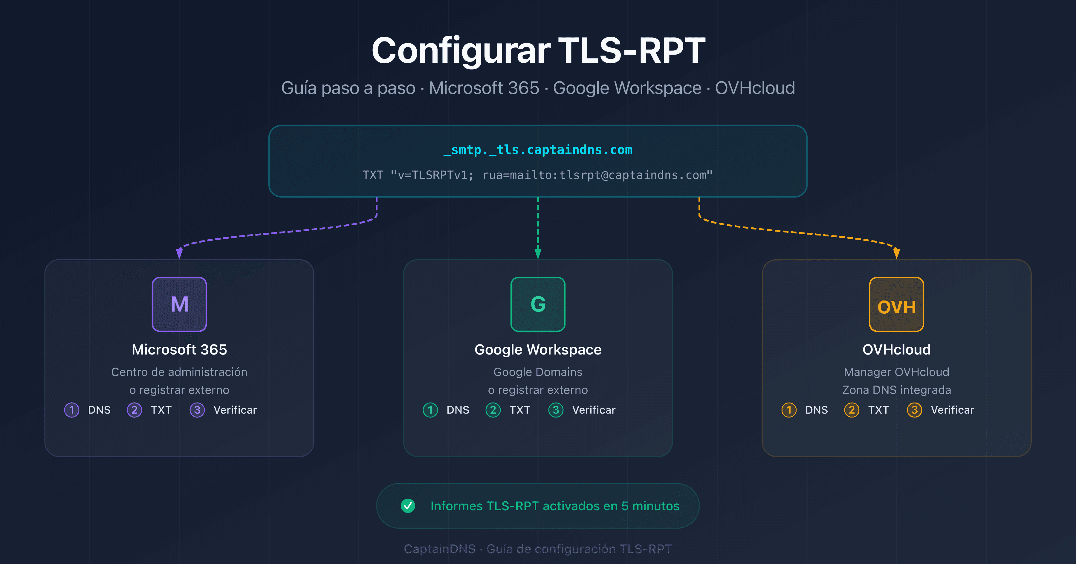 Configurar TLS-RPT en Microsoft 365, Google Workspace y OVHcloud