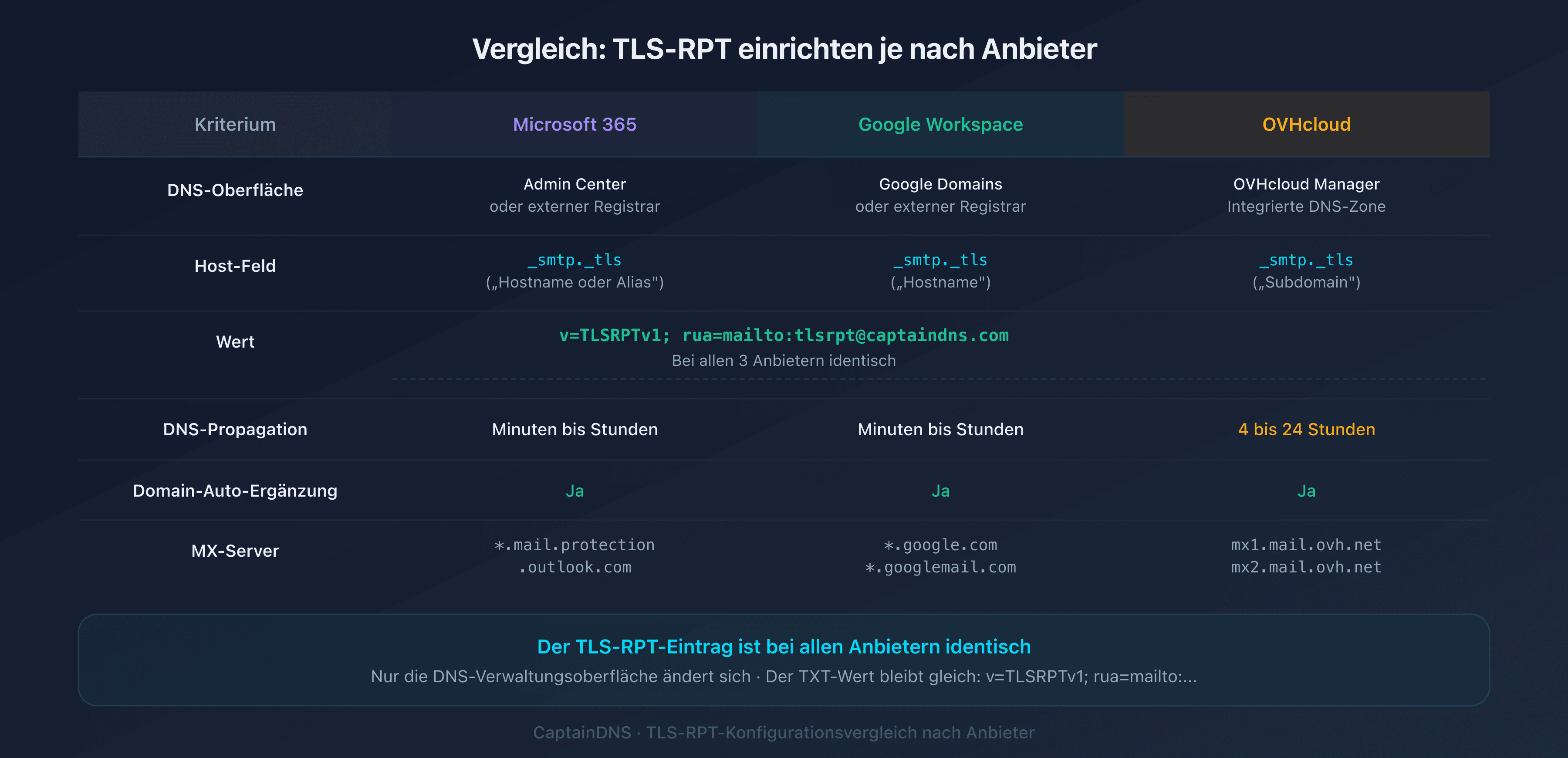 Vergleich der TLS-RPT-Konfiguration auf Microsoft 365, Google Workspace und OVHcloud