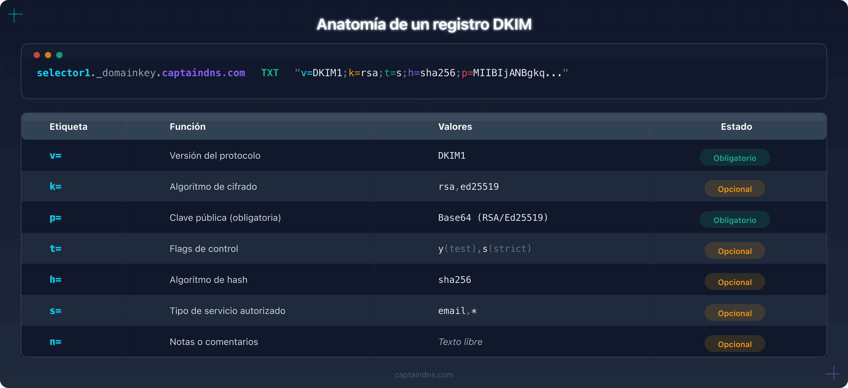 Anatomía de un registro DKIM con todas las etiquetas