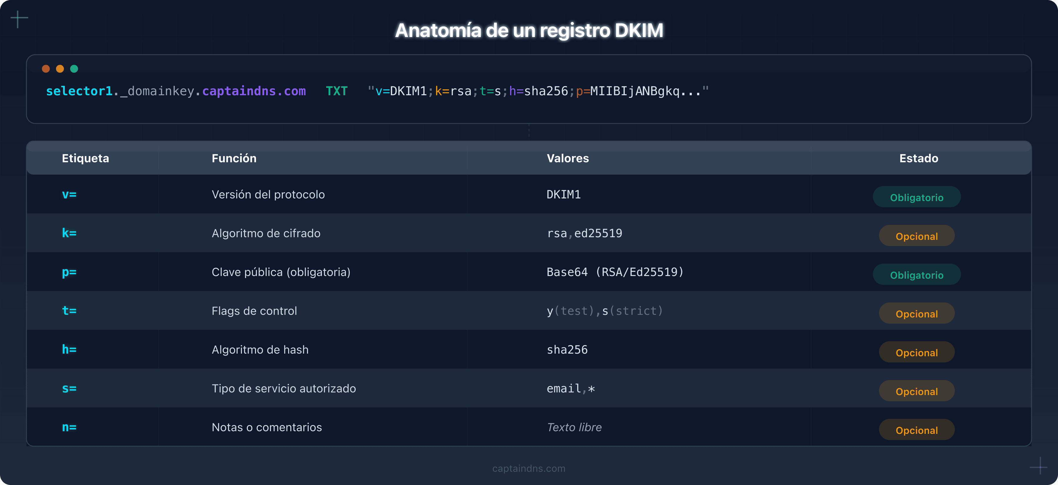 Anatomía de un registro DKIM con todas las etiquetas