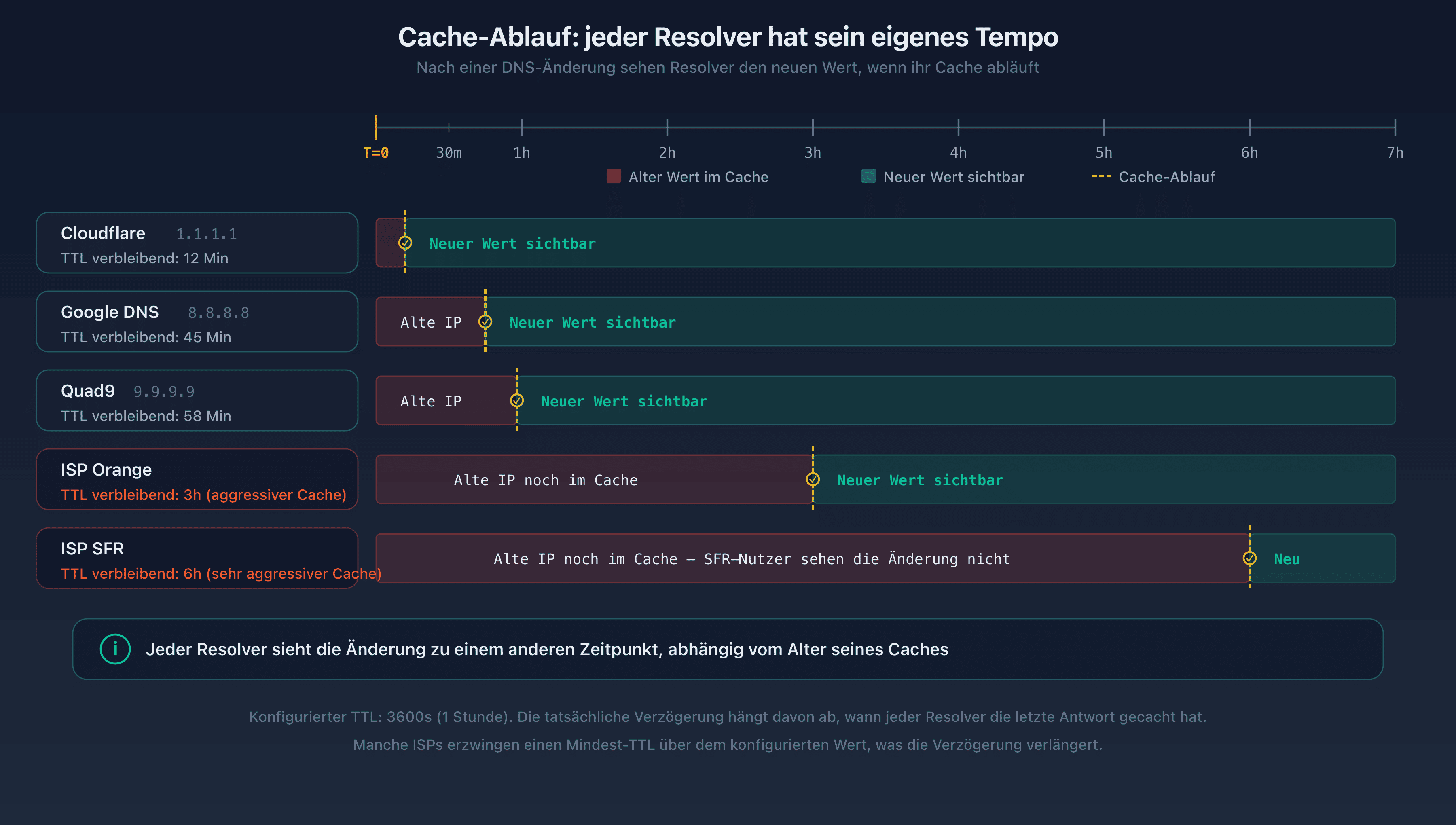 Timeline der Cache-Ablaufzeiten auf verschiedenen öffentlichen Resolvern: Google DNS, Cloudflare und Quad9 lassen den Cache zu unterschiedlichen Zeitpunkten ablaufen