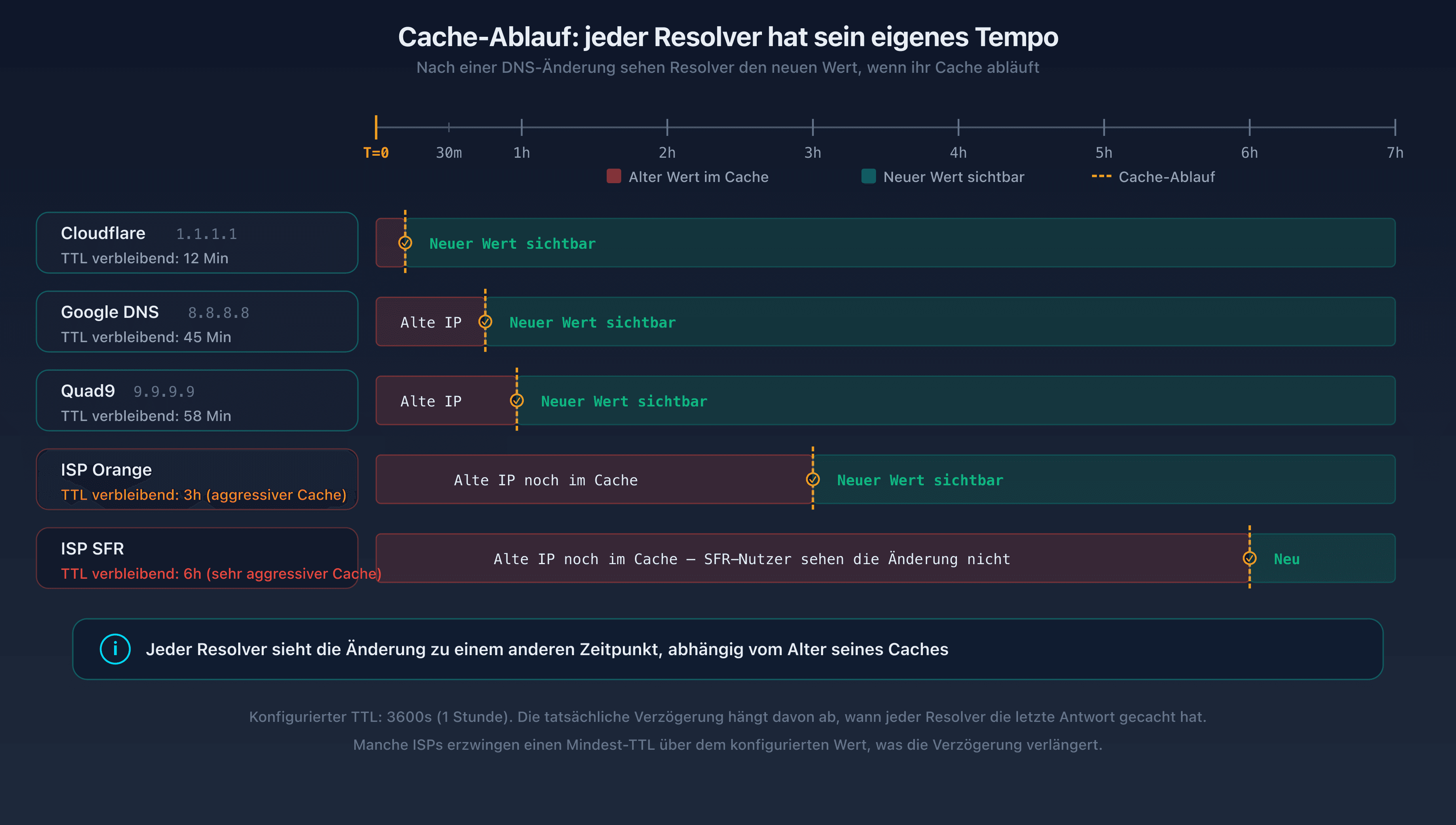 Timeline der Cache-Ablaufzeiten auf verschiedenen öffentlichen Resolvern: Google DNS, Cloudflare und Quad9 lassen den Cache zu unterschiedlichen Zeitpunkten ablaufen
