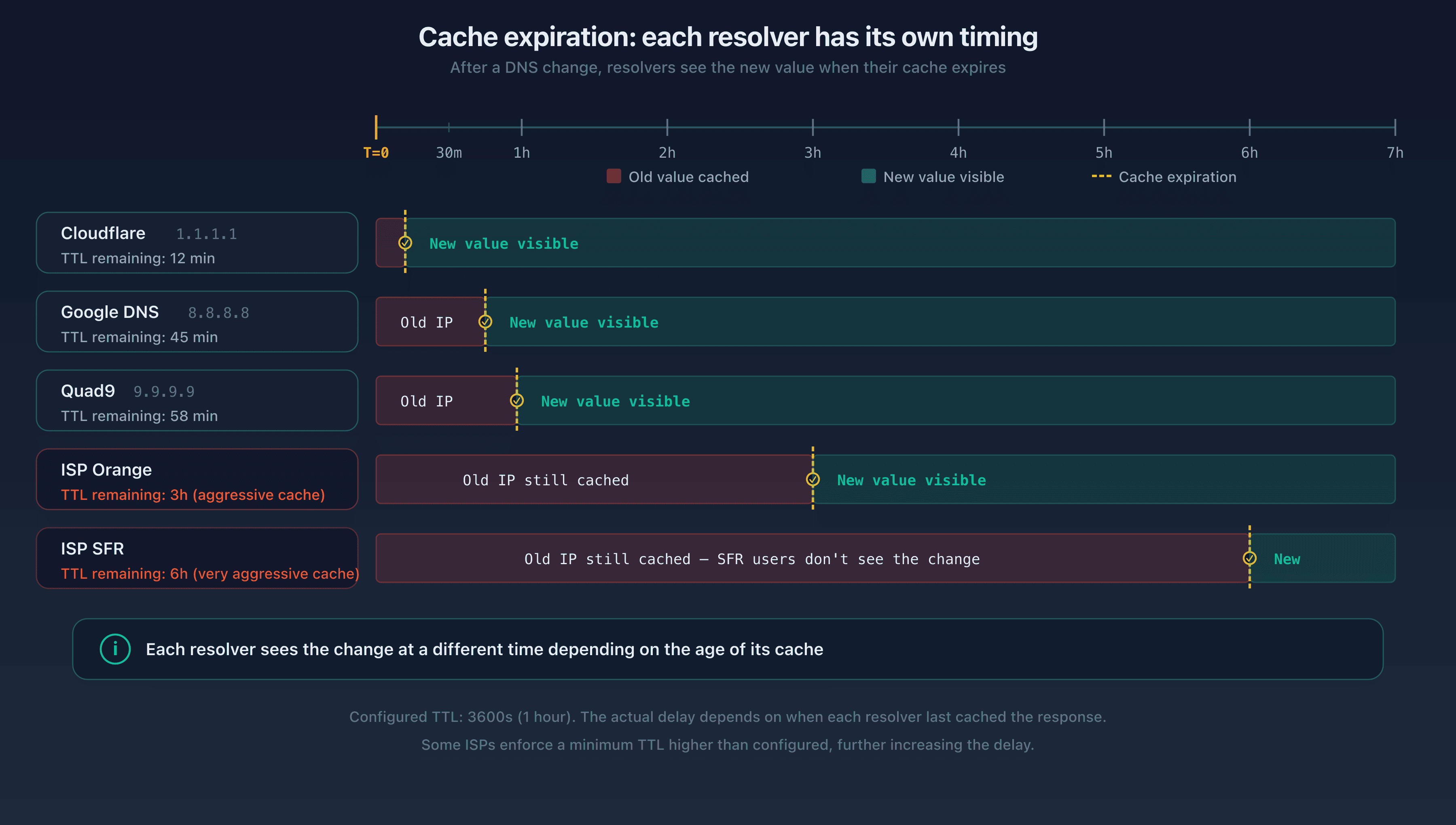 Timeline showing cache expiry across different public resolvers: Google DNS, Cloudflare, and Quad9 expire their cache at different times