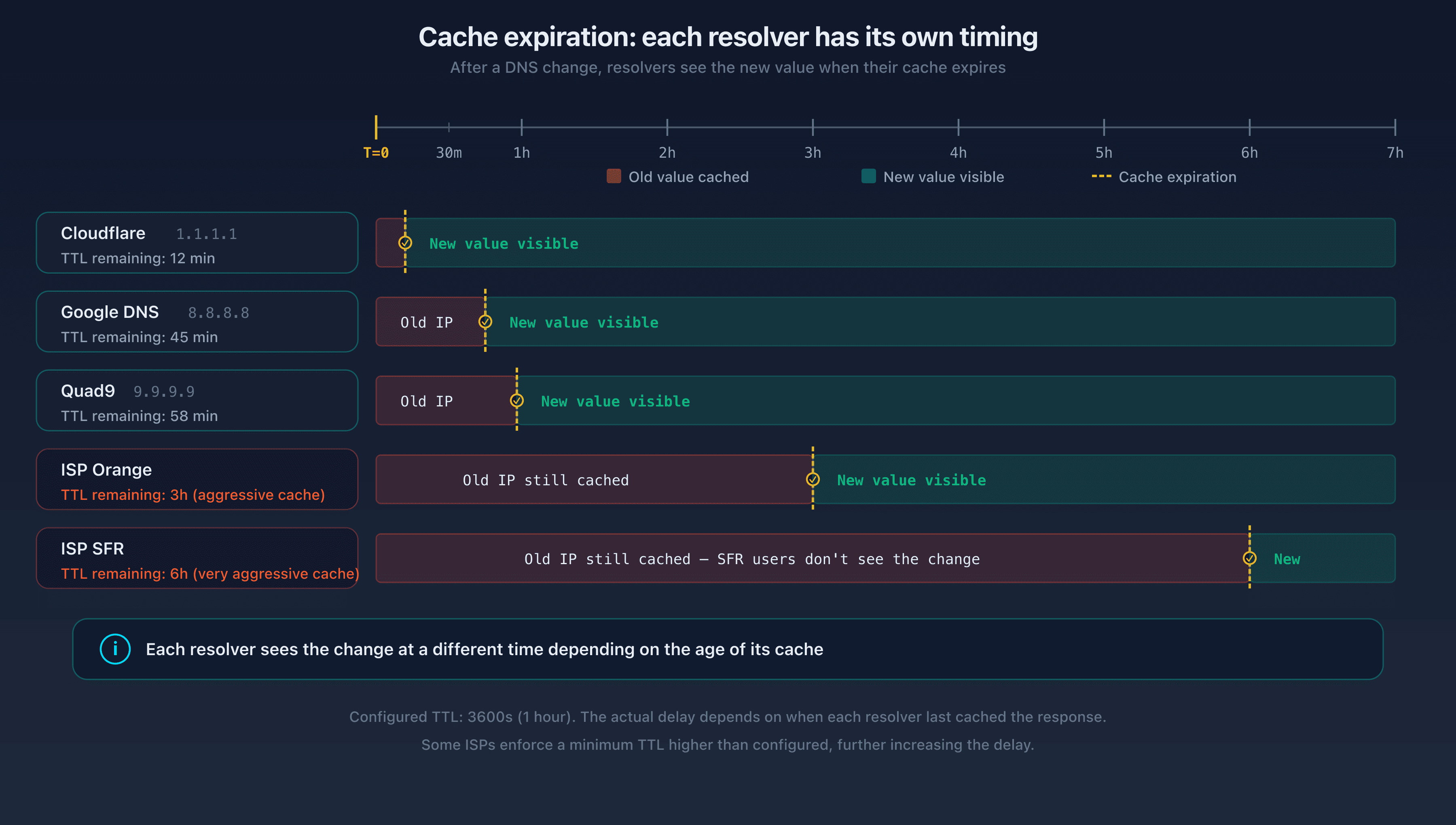 Timeline showing cache expiry across different public resolvers: Google DNS, Cloudflare, and Quad9 expire their cache at different times