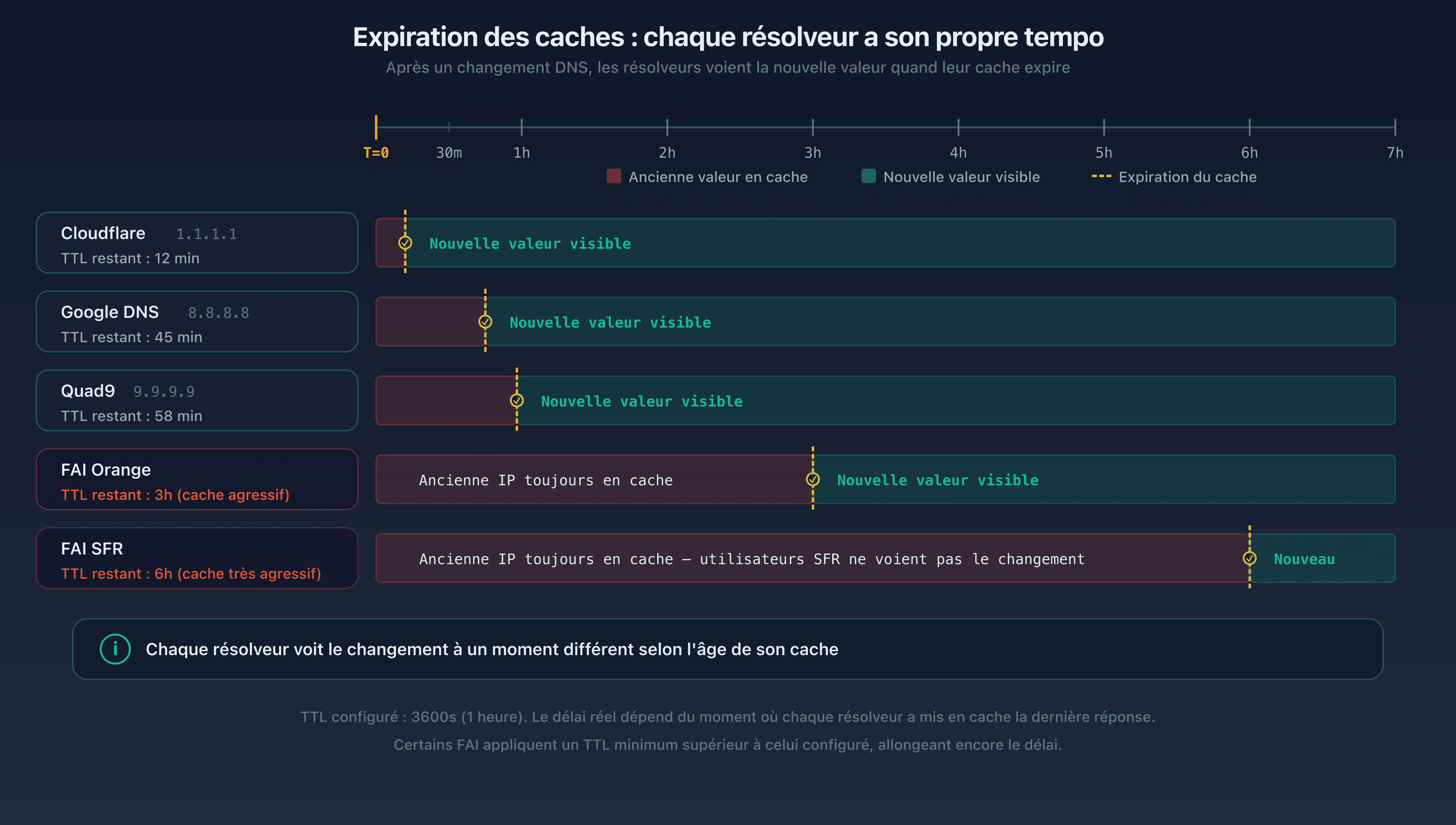Timeline montrant l'expiration du cache sur différents résolveurs publics : Google DNS, Cloudflare et Quad9 expirent le cache à des moments différents