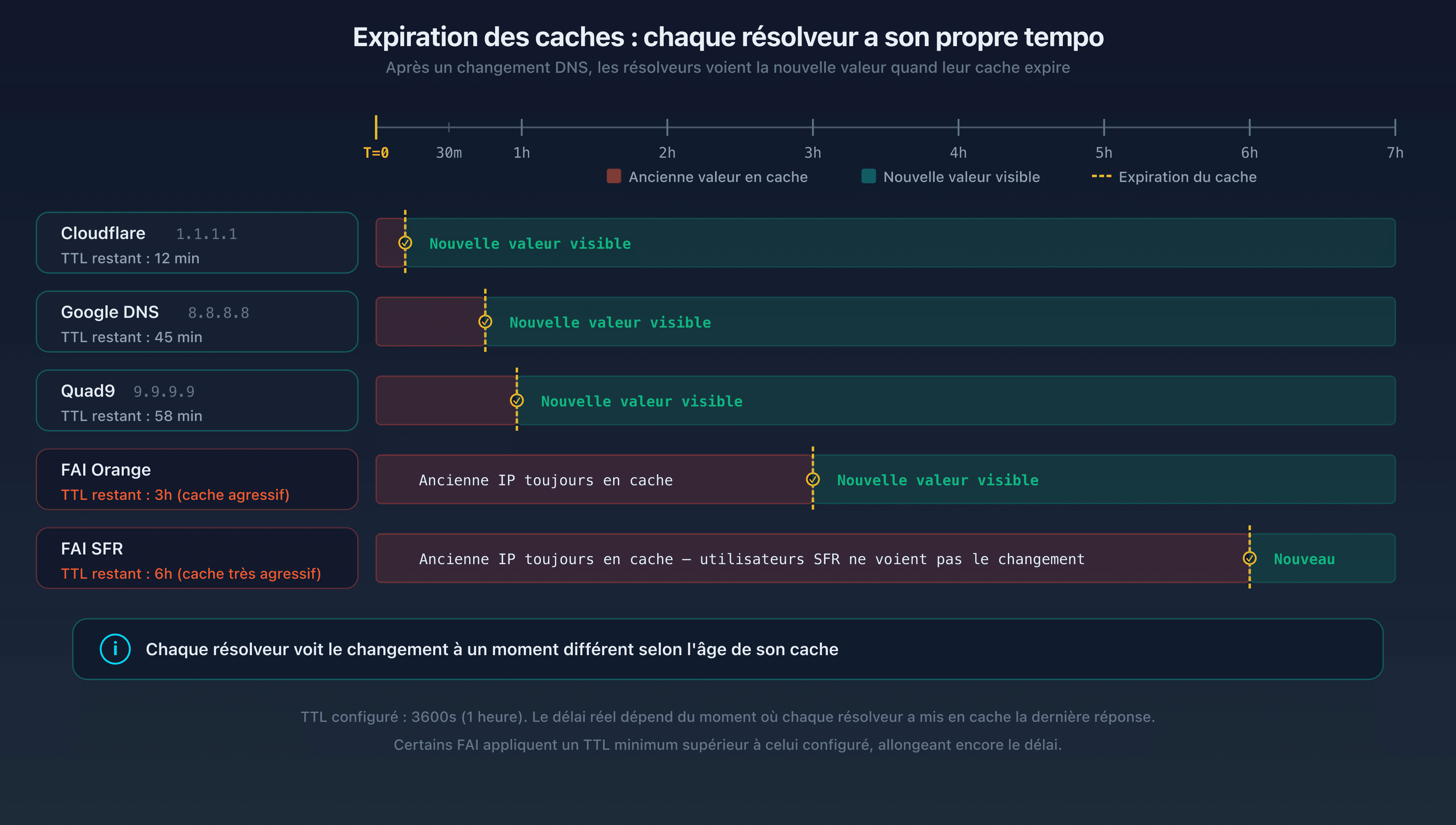 Timeline montrant l'expiration du cache sur différents résolveurs publics : Google DNS, Cloudflare et Quad9 expirent le cache à des moments différents