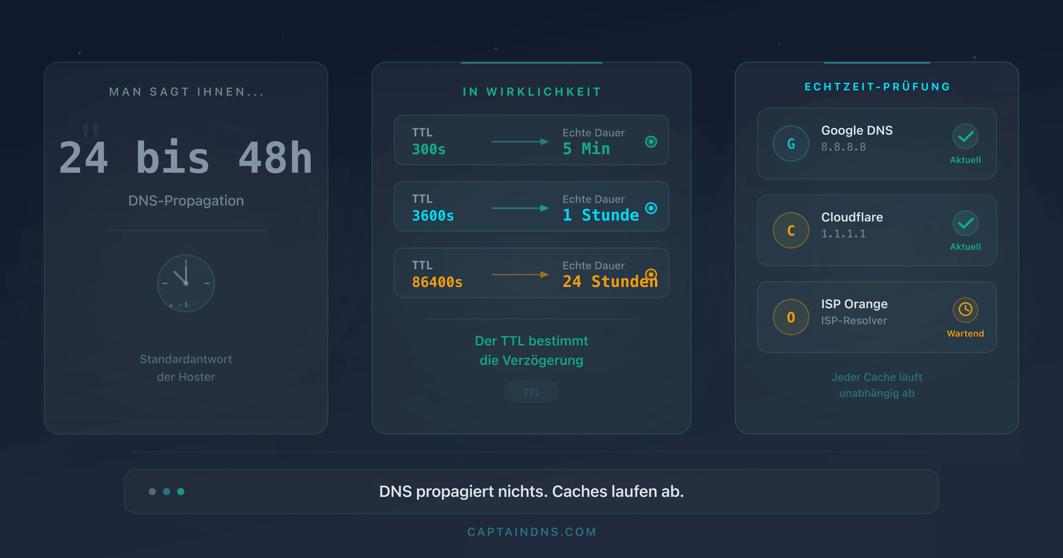 Diagramm mit den tatsächlichen DNS-Propagationszeiten je nach TTL auf verschiedenen öffentlichen Resolvern