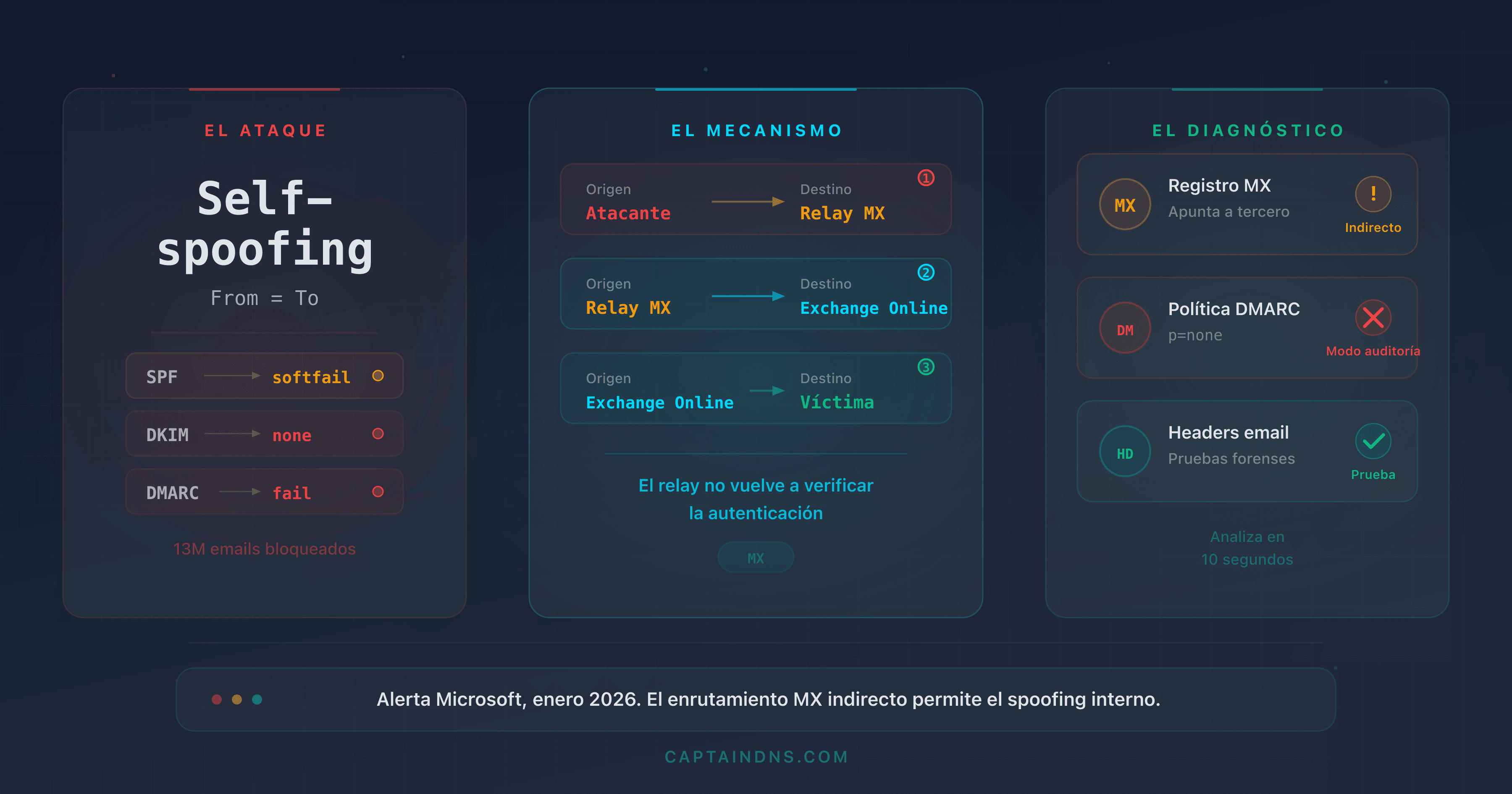 Esquema que muestra cómo un atacante explota un enrutamiento MX indirecto para suplantar un dominio interno en Microsoft 365