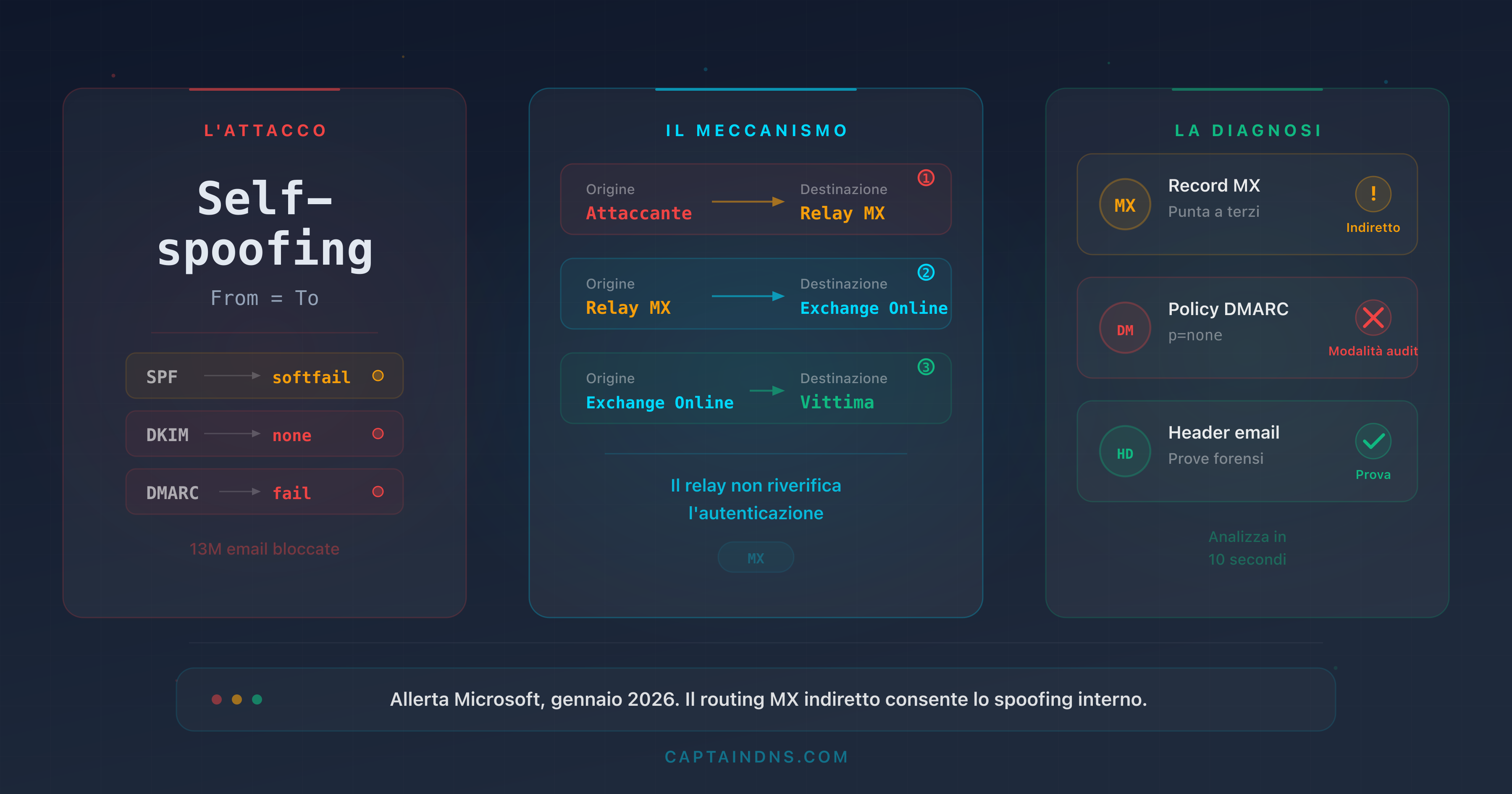 Schema che mostra come un attaccante sfrutta un routing MX indiretto per impersonare un dominio interno in Microsoft 365