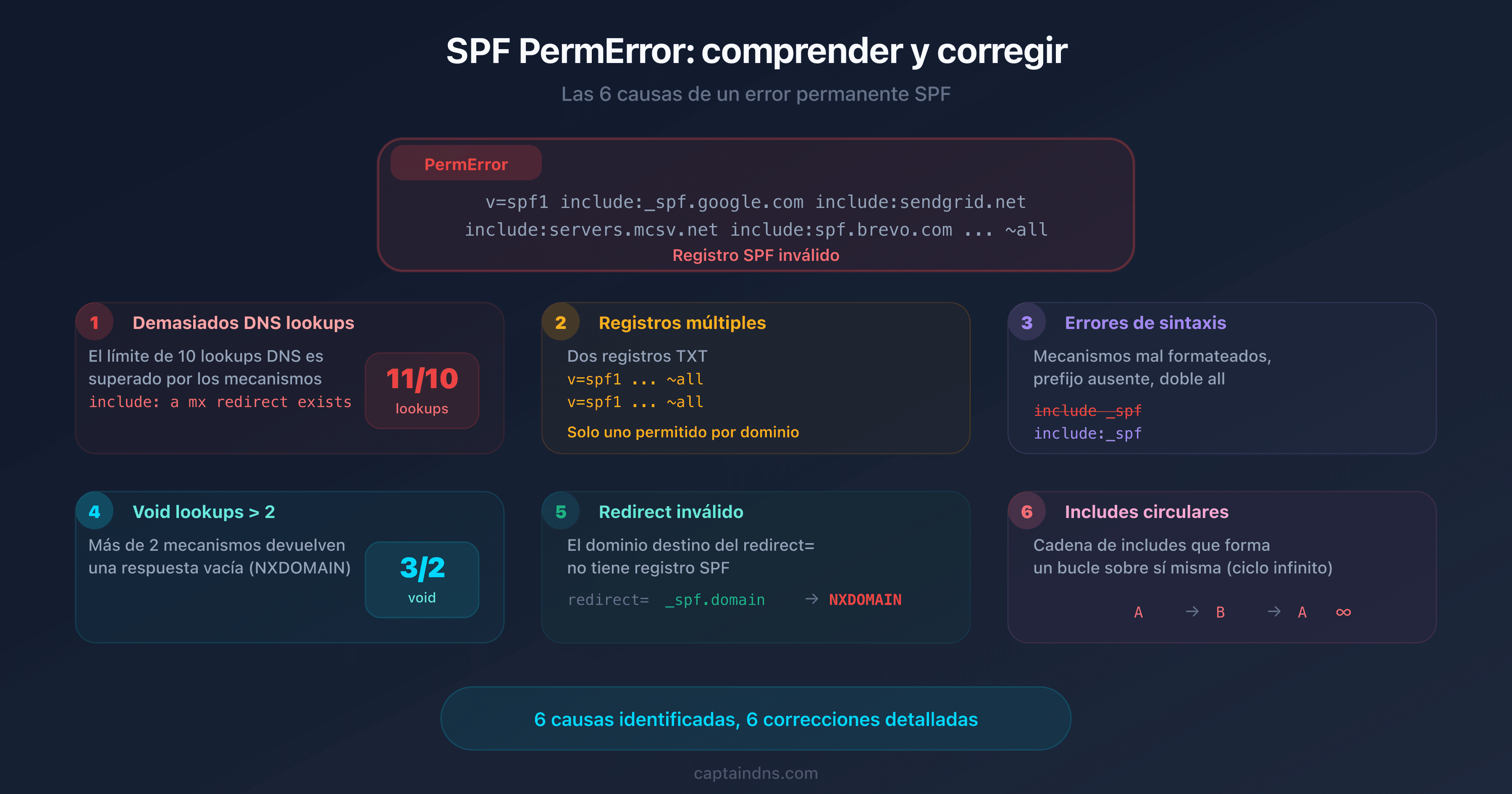 Esquema de las 6 causas de un SPF PermError con árbol de diagnóstico e indicadores de error