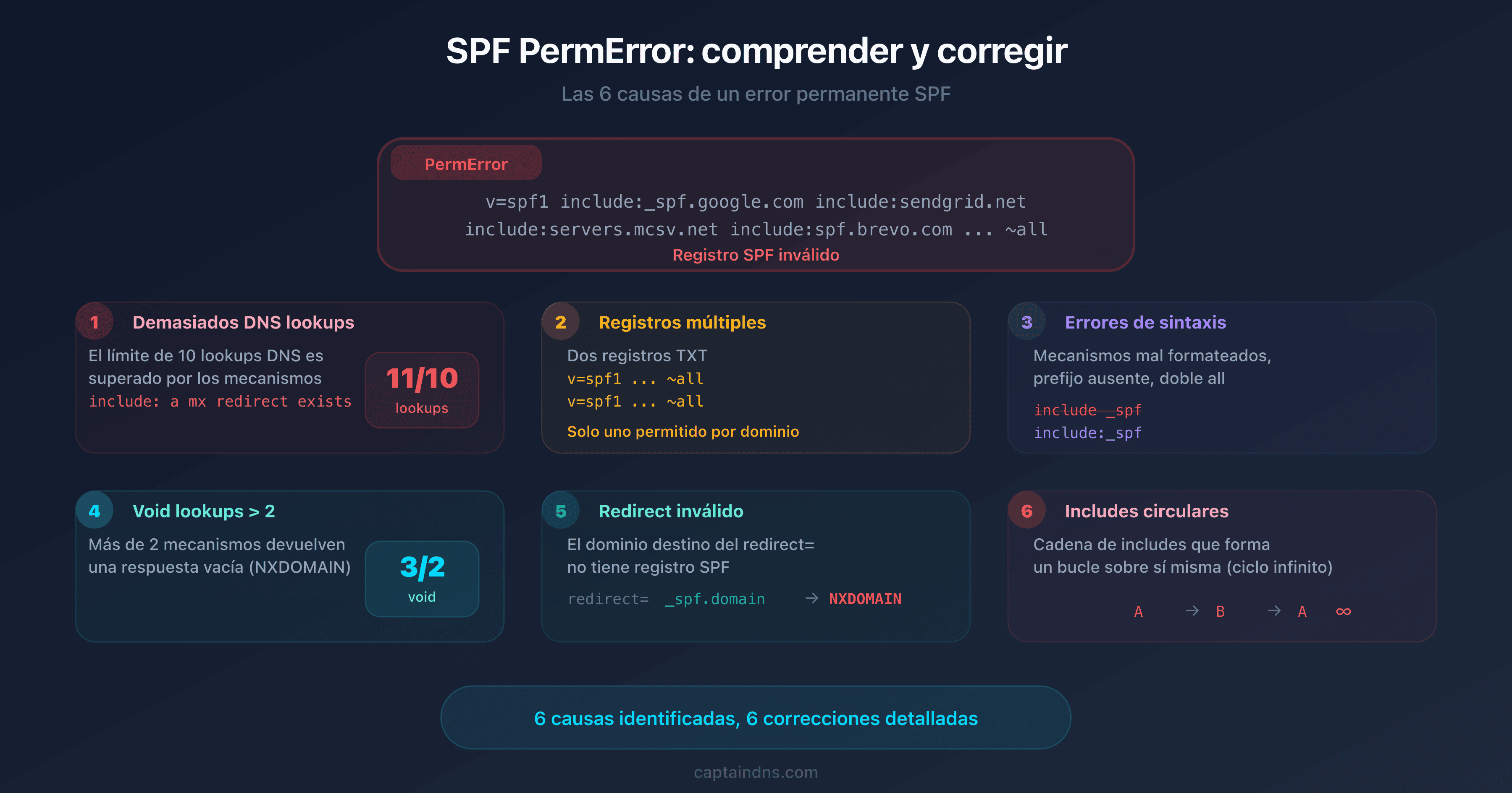 Esquema de las 6 causas de un SPF PermError con árbol de diagnóstico e indicadores de error