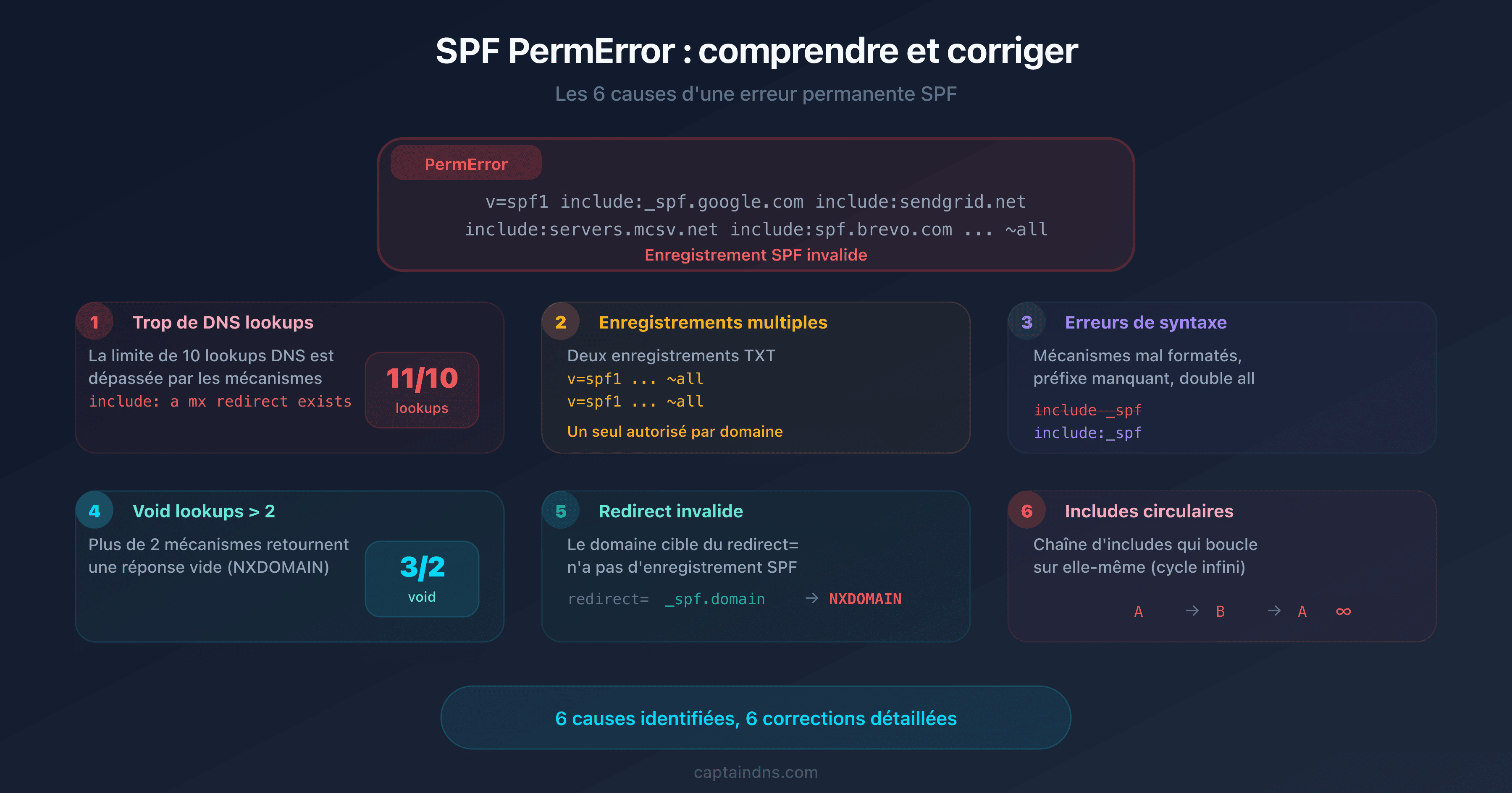 Schéma des 6 causes d'un SPF PermError avec arbre de diagnostic et indicateurs d'erreur