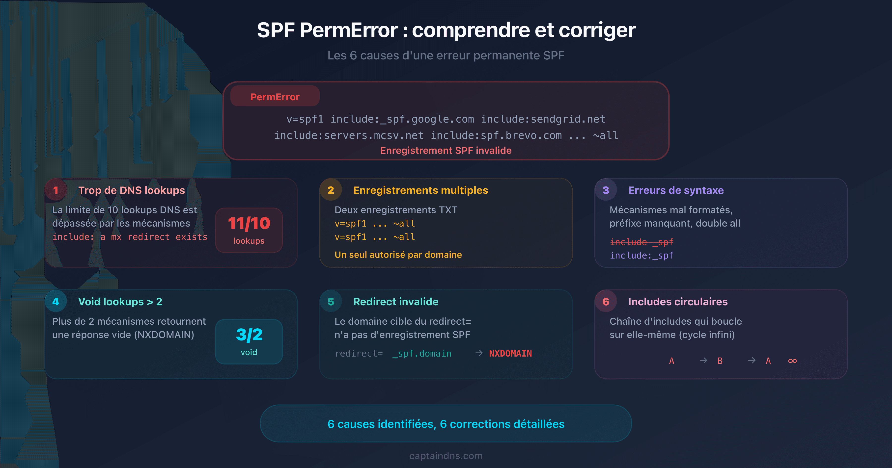 Schéma des 6 causes d'un SPF PermError avec arbre de diagnostic et indicateurs d'erreur