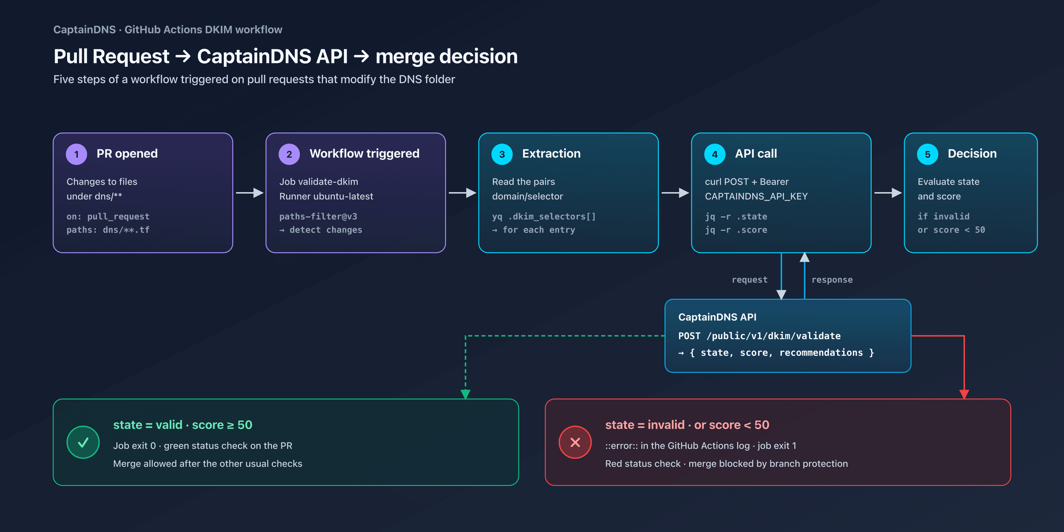 GitHub Actions pipeline validating a DKIM record via the CaptainDNS API