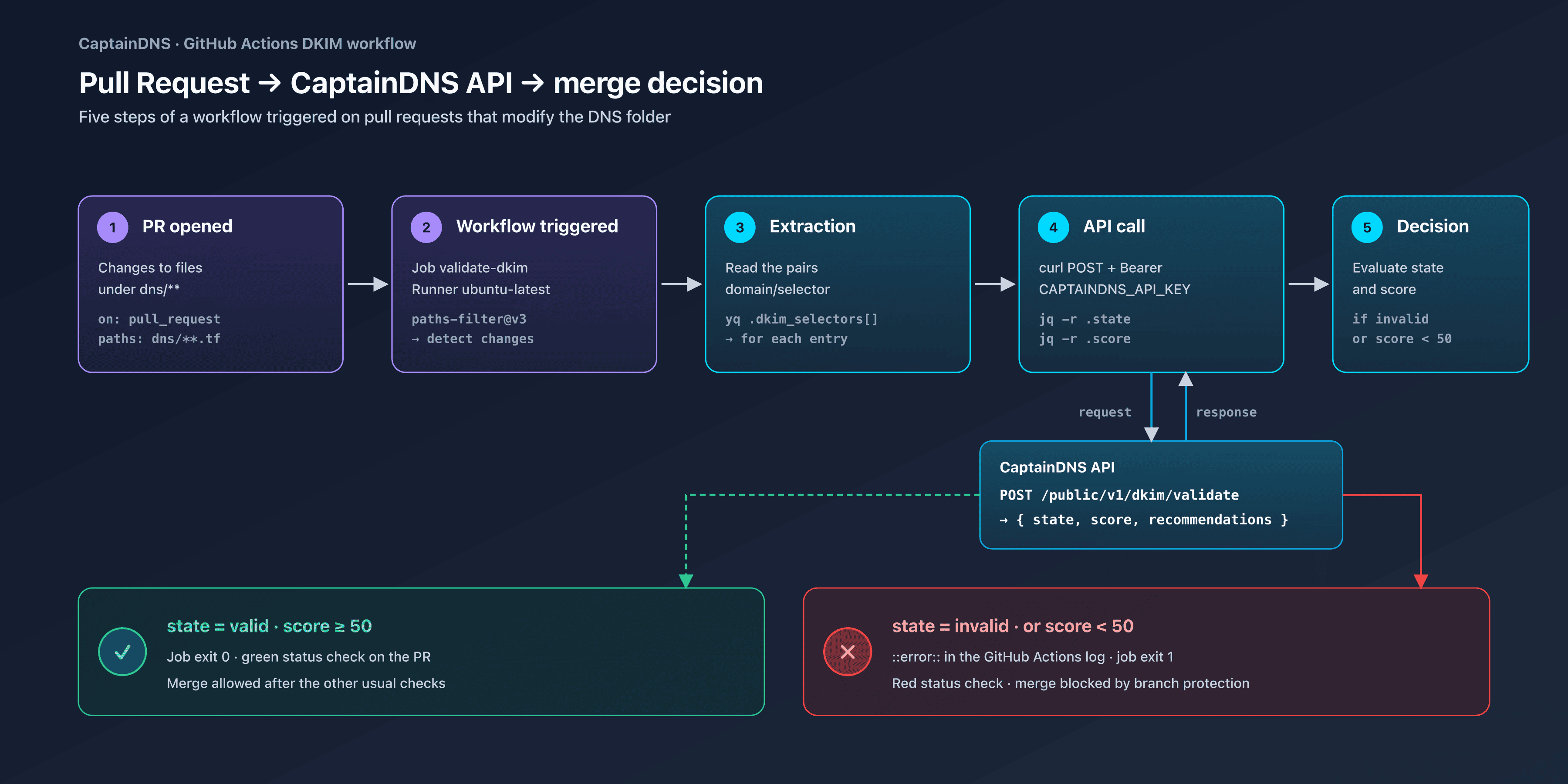 GitHub Actions pipeline validating a DKIM record via the CaptainDNS API