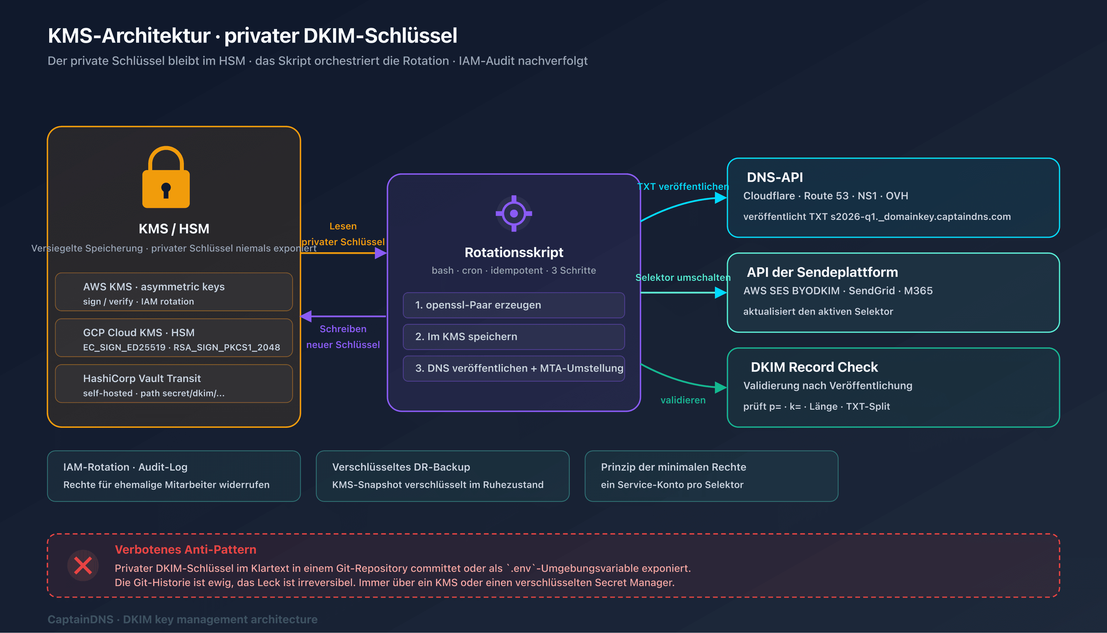 Speicherarchitektur des privaten DKIM-Schlüssels mit Managed KMS, Vault Transit und verschlüsselter PEM-Datei