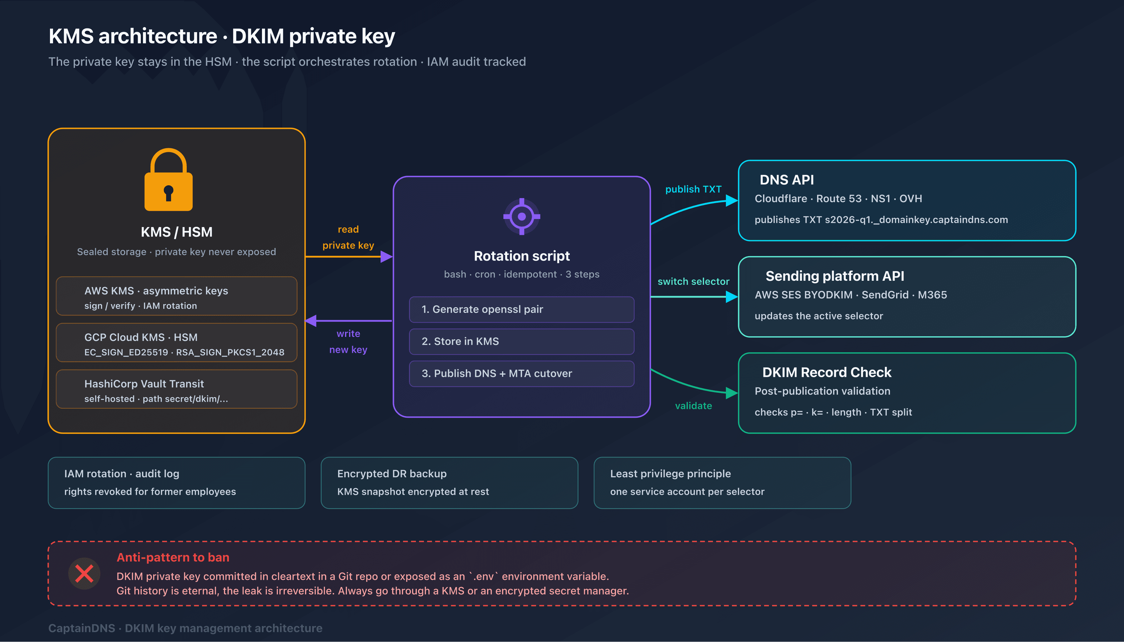 DKIM private key storage architecture with managed KMS, Vault Transit and encrypted PEM file