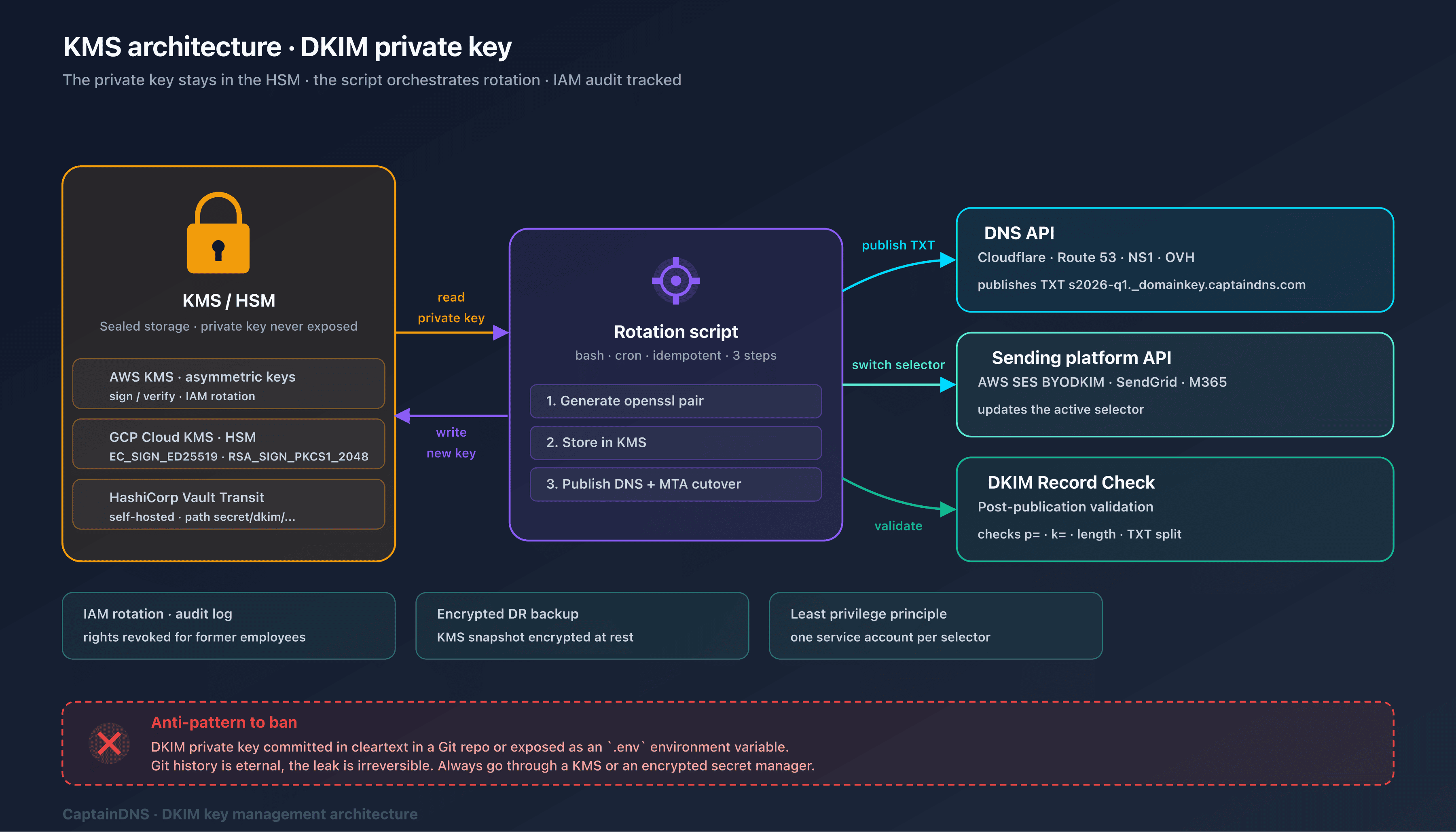 DKIM private key storage architecture with managed KMS, Vault Transit and encrypted PEM file