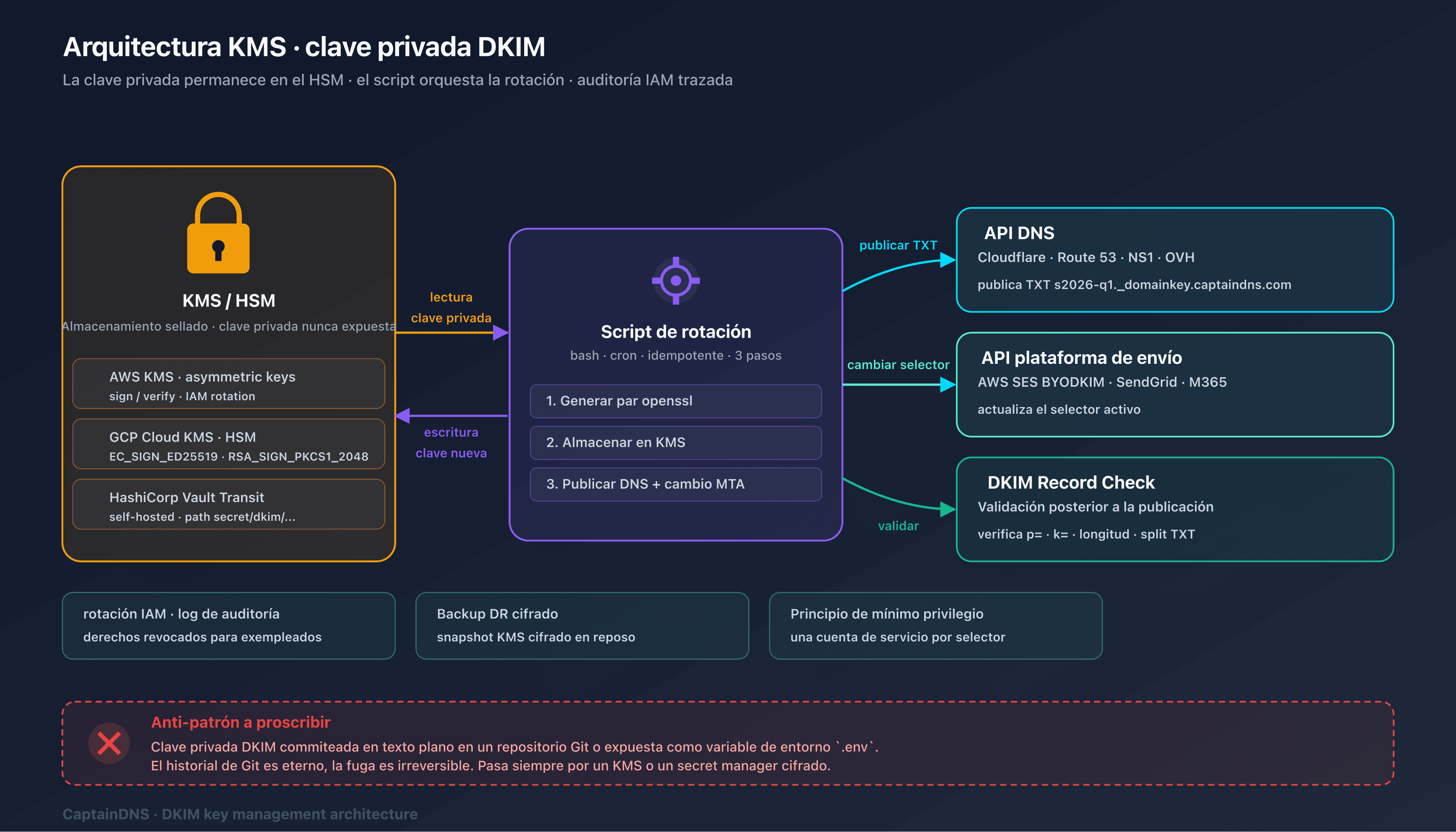 Arquitectura de almacenamiento de la clave privada DKIM con KMS gestionado, Vault Transit y archivo PEM cifrado