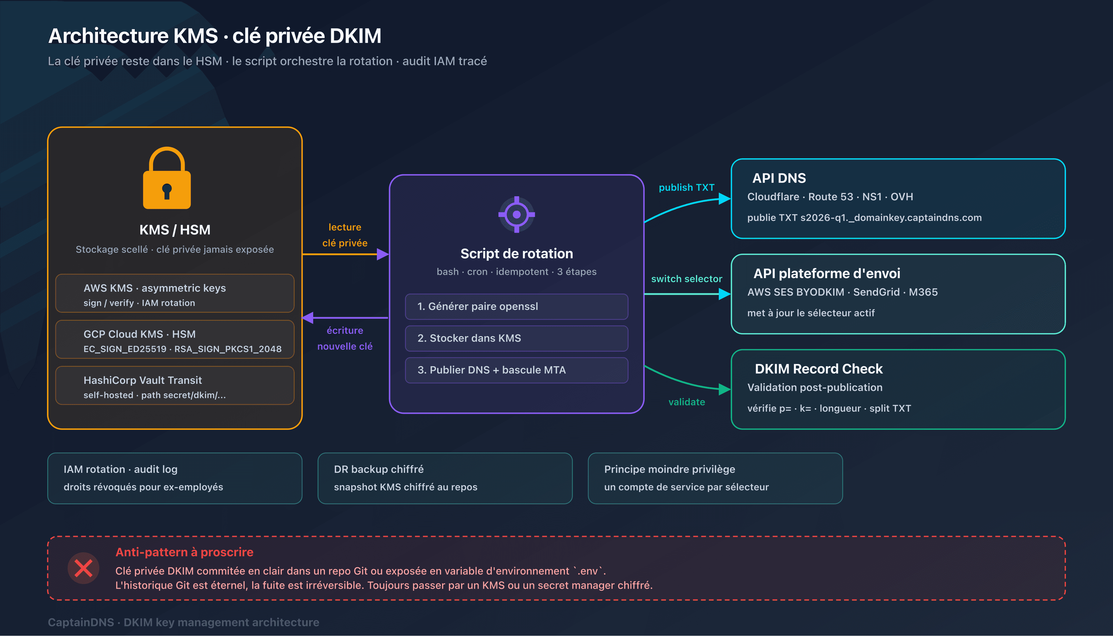 Architecture de stockage clé privée DKIM avec KMS managé, Vault Transit et fichier PEM chiffré